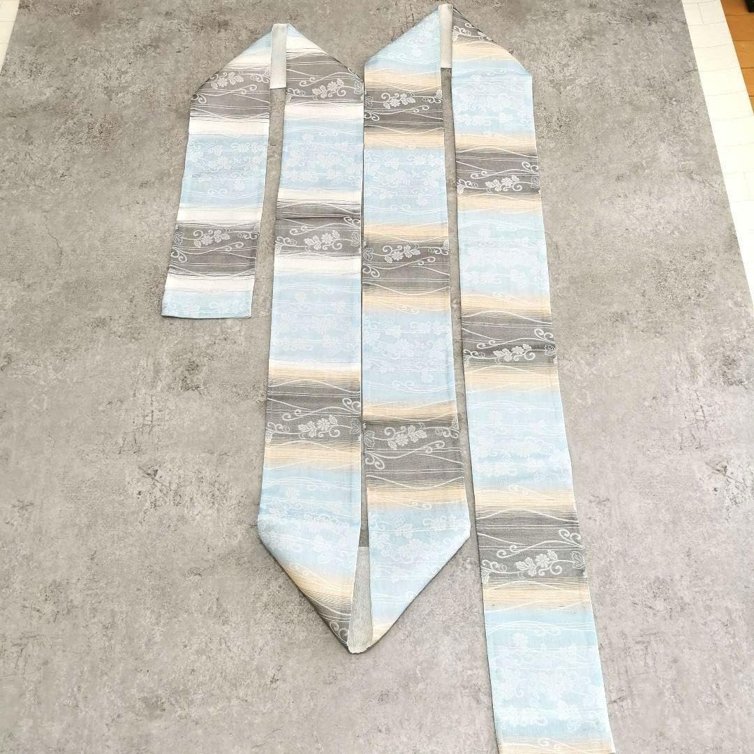 一点物×一生モノ 正絹 紋紗の半幅帯 リバーシブル 水色 グレー 涼しげ 楽天