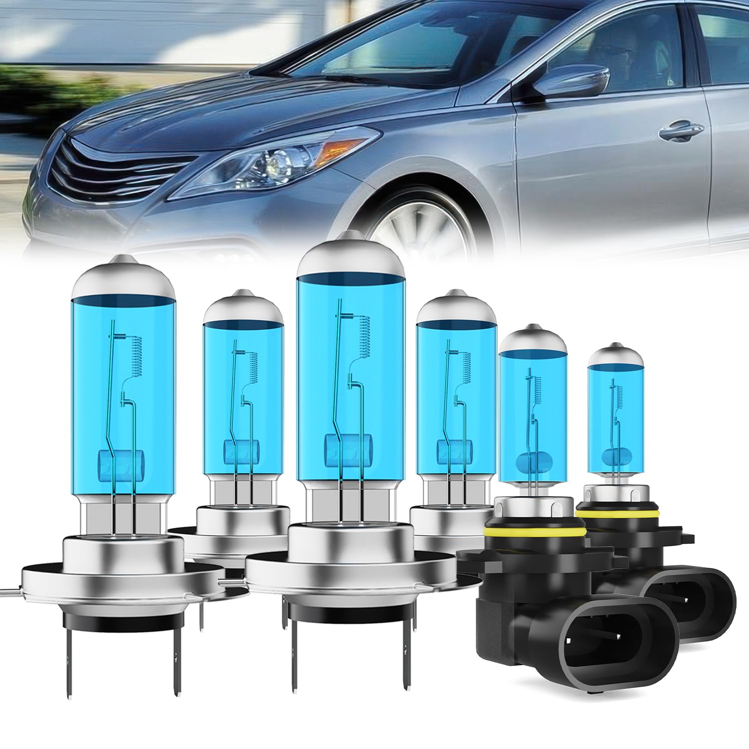 Headlight Bulbs Fit For Hyundai Azera 2015-2017, H7 High Beam + H7 Low Beam + 9006 Fog Lights Halogen Bulb, 6000K White Light, Plug and Play, Pack of 6