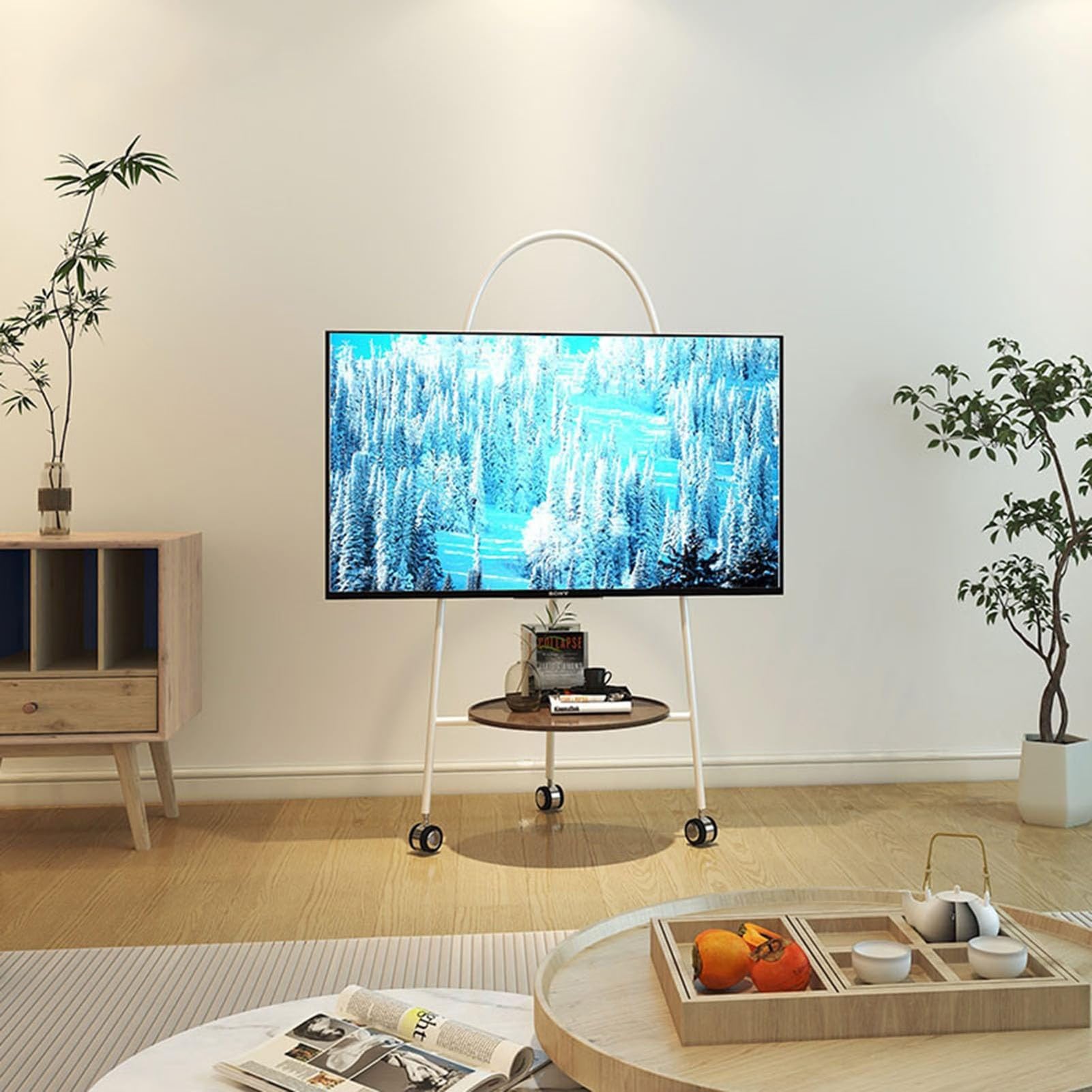 HPTHLY Stainless Steel Floor Tv Stand Holds - Mobile Tv Cart With Wood Tray, Rolling Tv Stand For 32-65 Inch Tvs, Hold Up Max Vesa 600X400Mm(White)