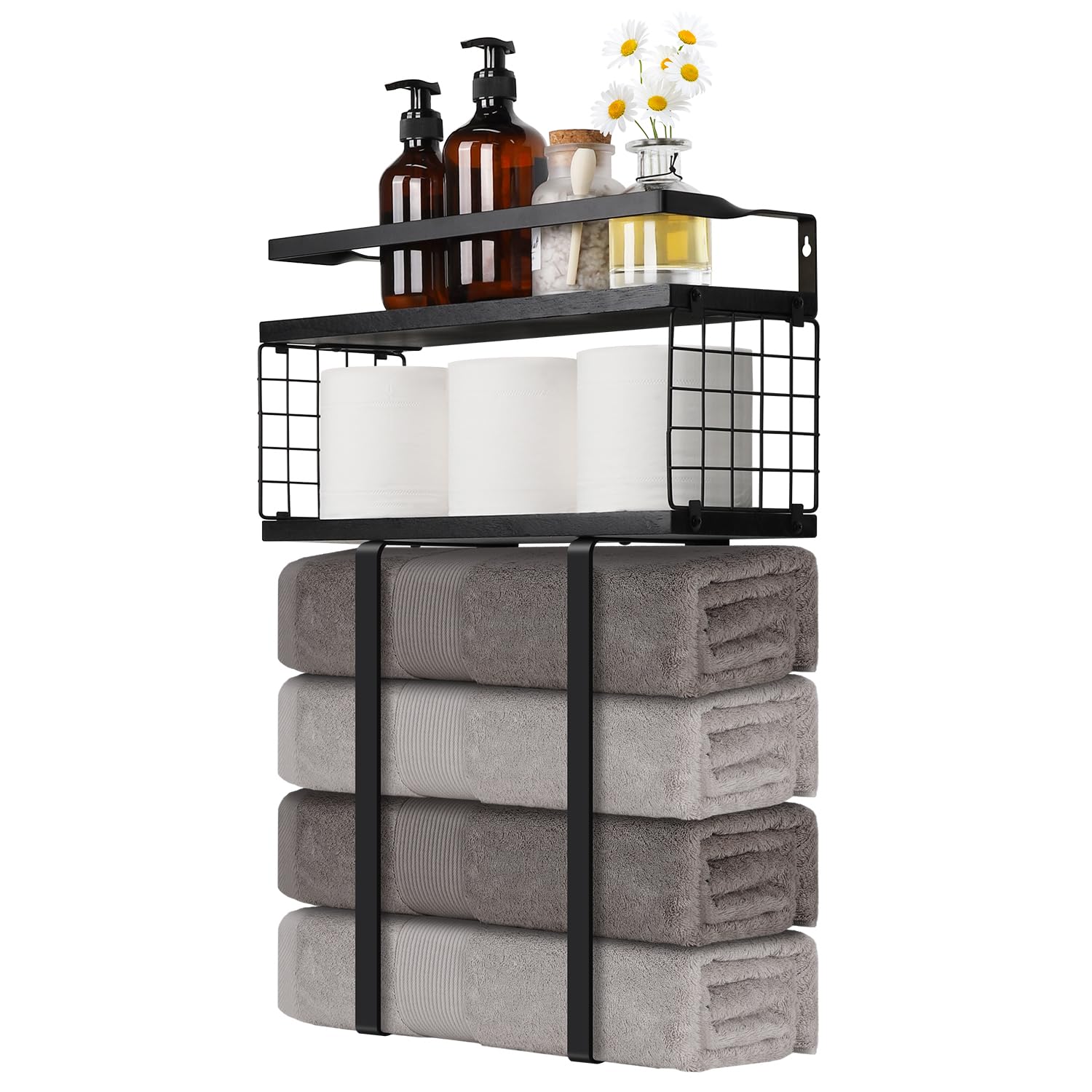 HOTECWall-Mounted Towel Rack for Bathroom with Large Capacity Shelf Space Saving Towel Holder for Bathroom Storage, for Small Bathrooms, Apartments, RVs Durable and Stylish Metal and Wood Design