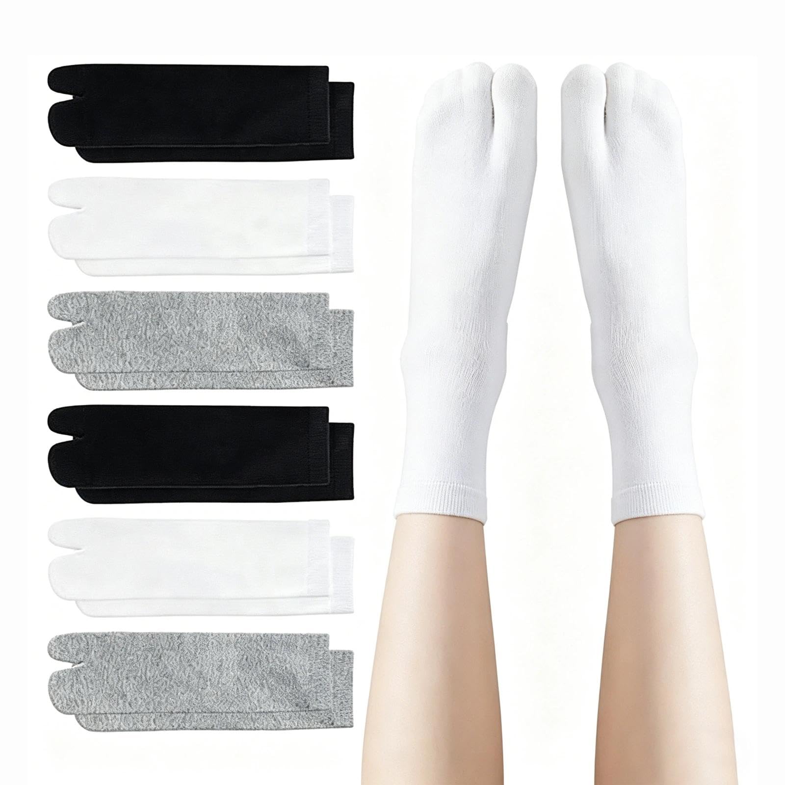 Yankoiuk Unisex Black, White, And Grey 6 Pairs Tabi Socks, Japanese Split Two Toe Cotton Elastic