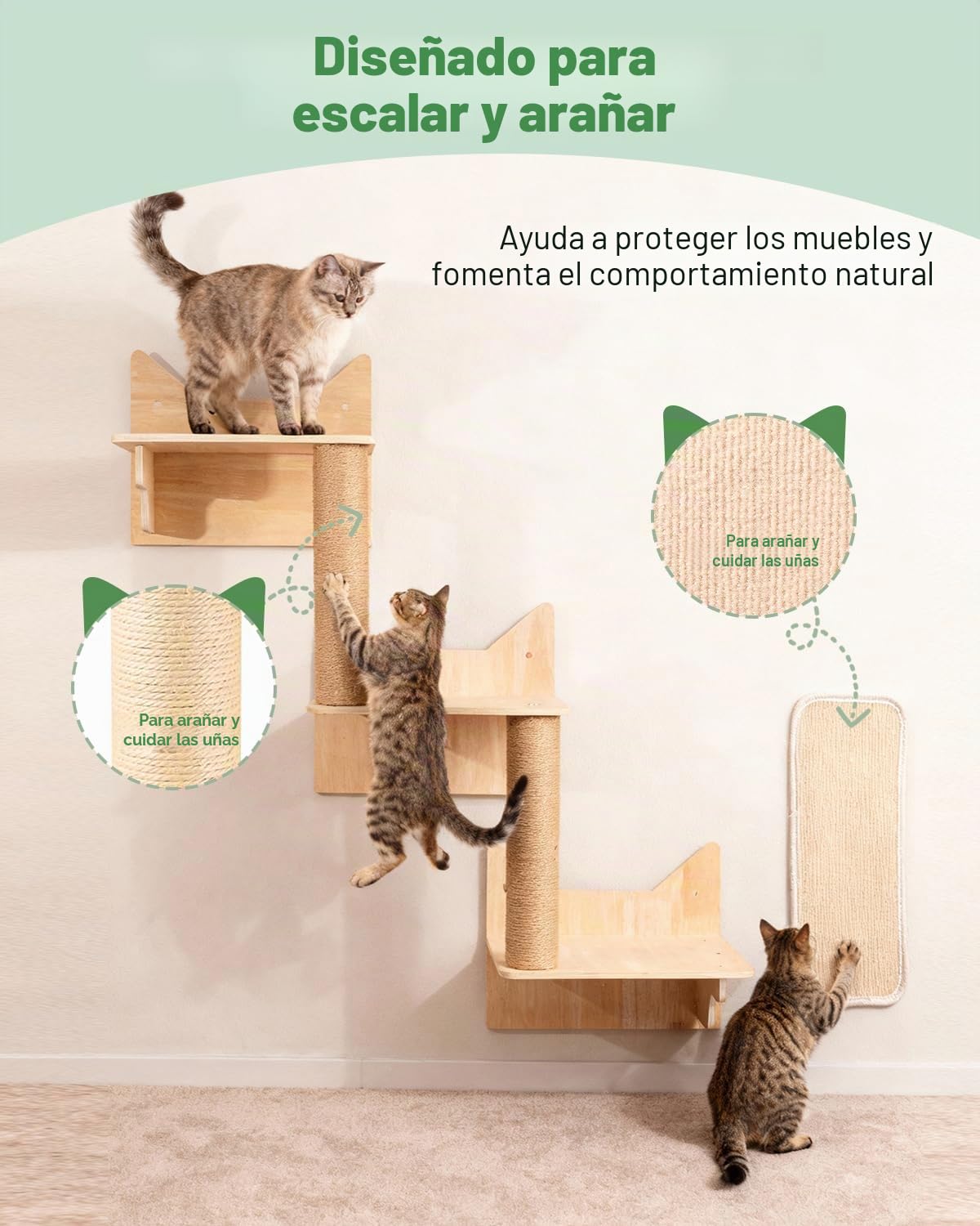 Estantes de Pared para Gatos 6 en 1, con Cueva, Torre hasta 15 kg | Estanterías para Gatos con Plataformas, Poste de Escalada y Rascador, Espacio Vertical con Zonas de Descanso y Áreas de Juego