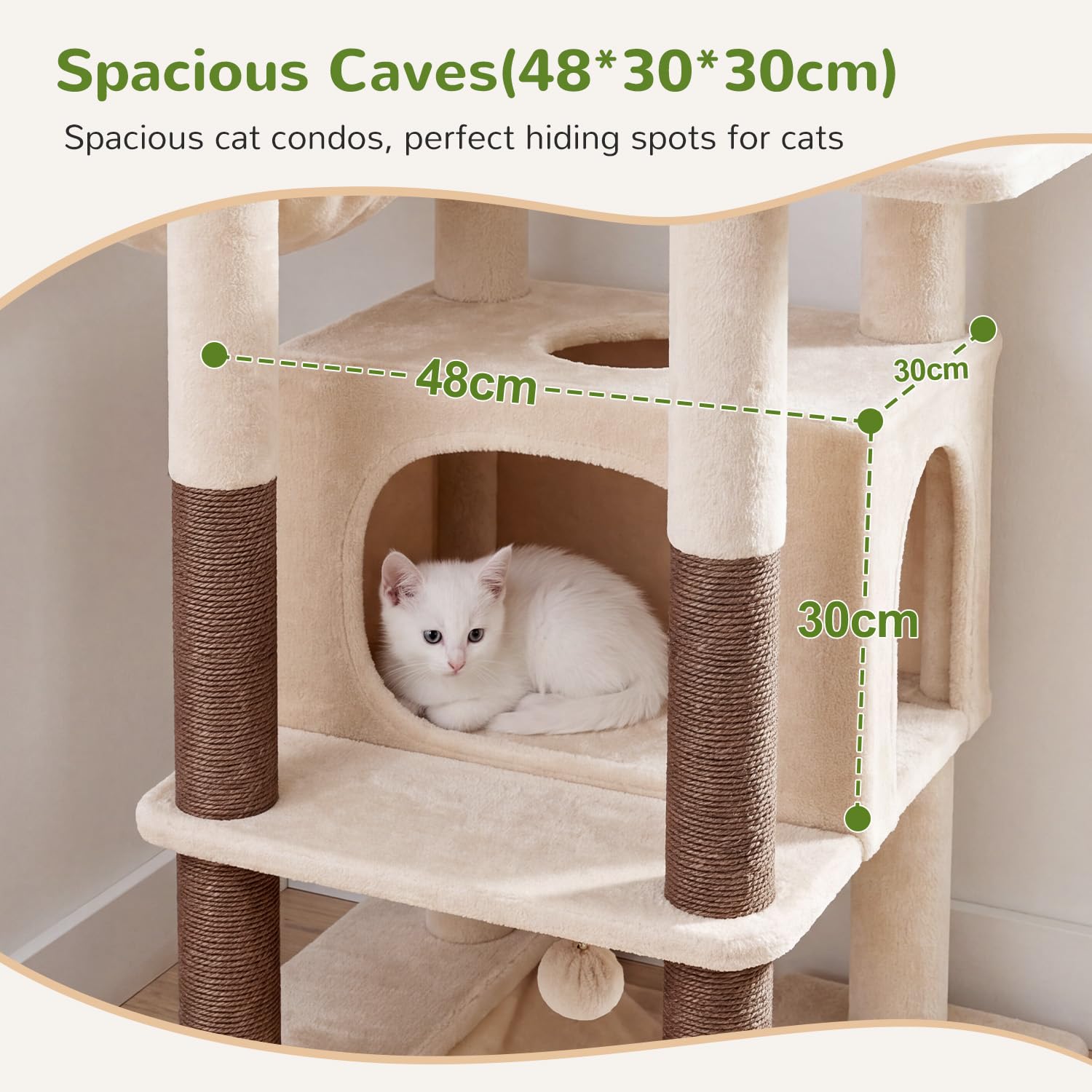 Globlazer Árbol Rascador Beige Estable con Inmenso Acolchada Plataforma 48*48CM, Grande Nido, Hamaca, Pendiente de Sisal, Cesta, Árbol Rascador 143 cm para Múltiple Gatos Adulto Interior (S56, Beige)