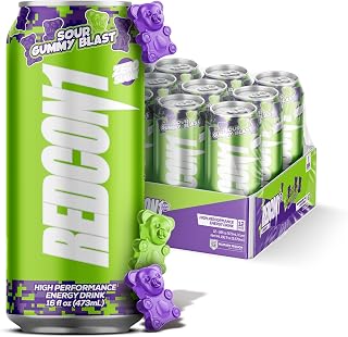 REDCON1 Energy High Performance Drink, Sour Gummy Blast - Zero Sugar Energy Drink with Alpha GPC Nootropic - 200mg Natural Caffeine from Green Coffee Beans - Vitamin B6, B12 & B5 to Boost Mood (12 ct)