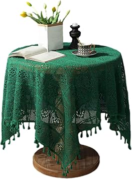 Crochet Lace Tablecloth with Tassel Round Table Cover for Kitchen Dinning Wedding Party Decoration Green 24x24 Inch