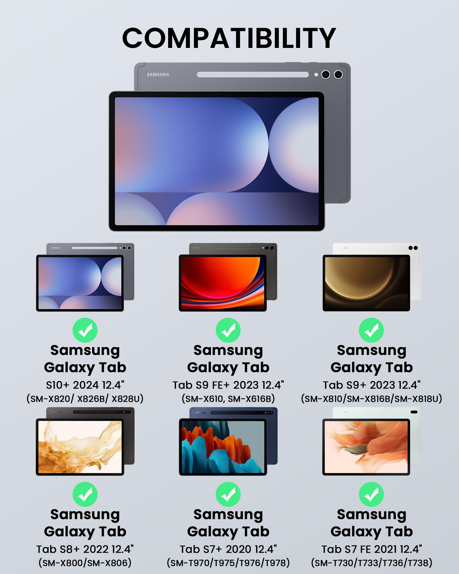 SOPPY Funda con teclado giratorio retroiluminado con trackpad para Samsung Galaxy Tab S10+/S9 FE+/S9+/S8+/S7+/S7 FE de 12.4 pulgadas, retroiluminación de 7 colores, funda delgada con teclado