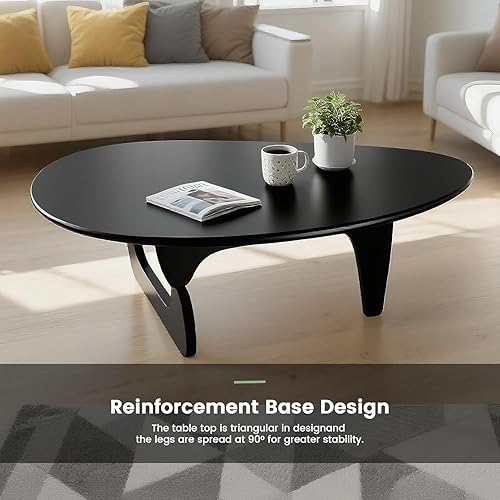 Miniatura 7 de Mesa de centro triangular moderna de madera maciza: mesas de centro únicas para sala de estar, mesas de té abstractas irregulares ovaladas de Negro