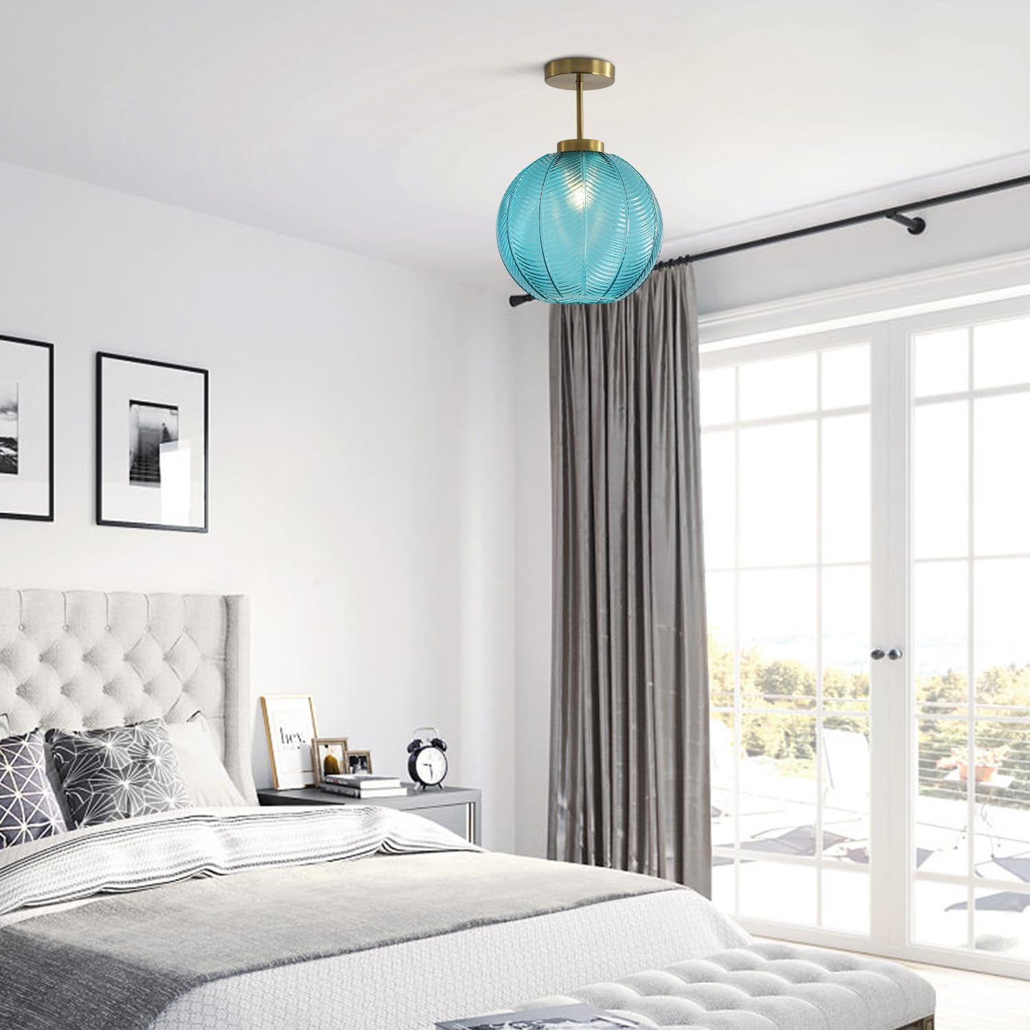 KCO Lighting Large Blue Flush Mount Ceiling Light Vintage Ribbed Glass Ceiling Lights Fixtures Brushed Gold Semi Flush Mount Ceiling Lamp Industrial Porch Ceiling Light Fixture