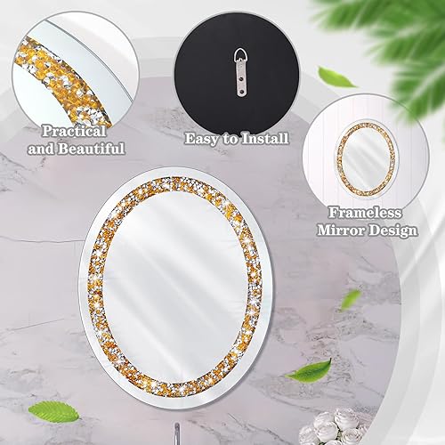 Miniatura 3 de Kigley Espejo de pared ovalado de cristal dorado con diamantes triturados, espejo de baño de 20 x 16 pulgadas, espejo decorativo sin marco, espejo