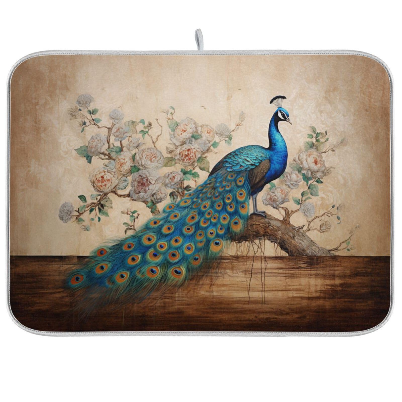 Bird Dish Drying Mat for Kitchen Counter, Retro Elegent Peacock Drying Pad Absorbent Dishes Drainer Mats Trivet 16 x 18 Inch