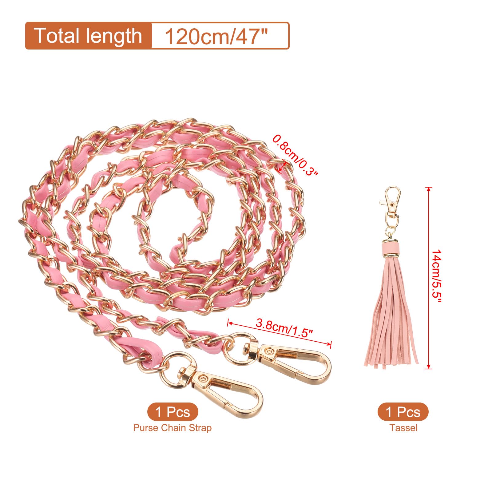 PATIKIL Purse Chain Strap, 47 Inch Leather Chain Straps Purse Strap Replacement with Tassel for Crossbody Bag Handbag Woman Pink/Gold - Image 2