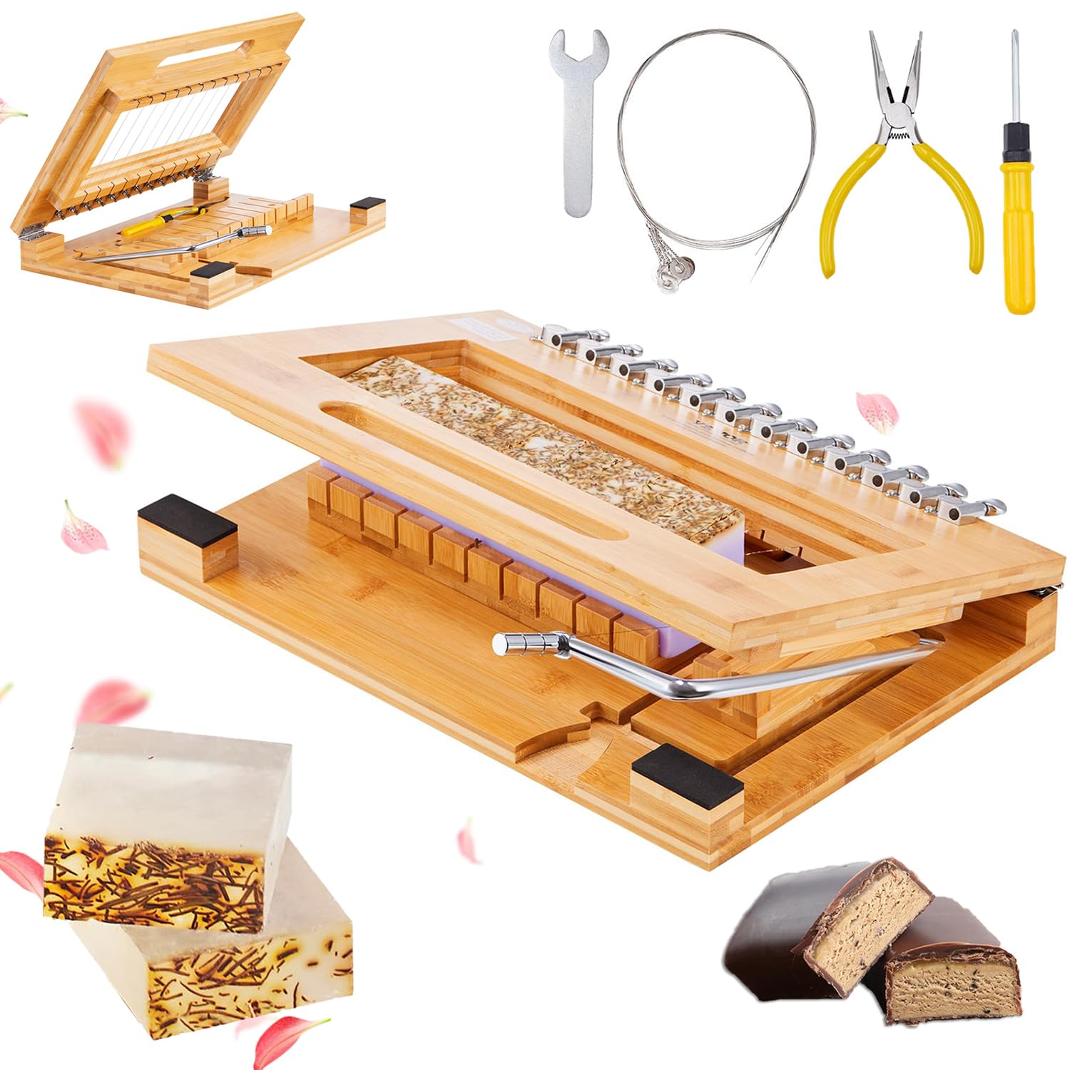 Kit para Hacer Jabón, Suministros para Hacer Jabón 2 En 1, Cortar De 1 A 12 Barras, Cortador De Jabón De Bambú con Alambre De Acero, Cortar Barras De 1 Pulgada, Cortador De Alambre De Jabón Hecho