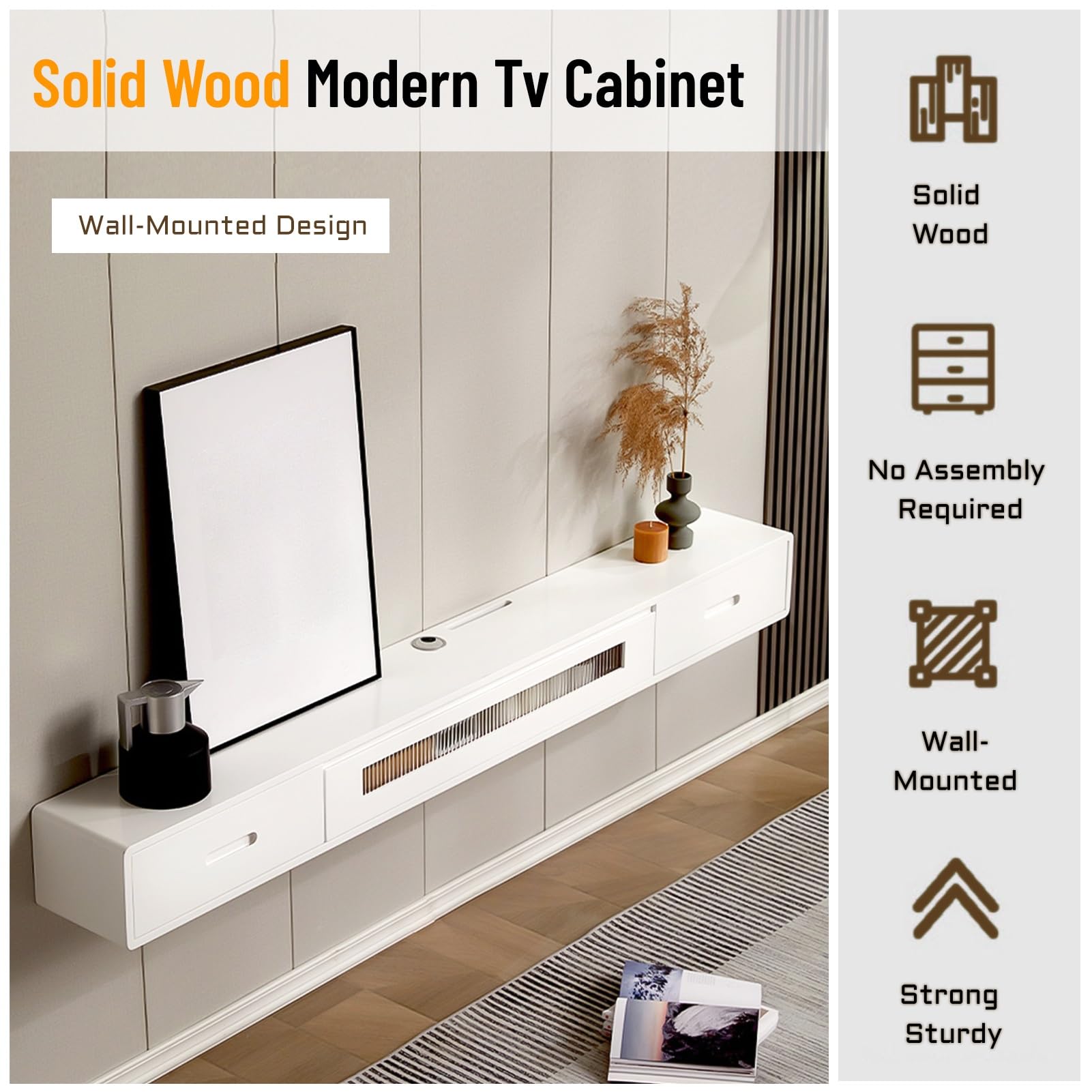 Mobile TV sospeso Bianco Moderno, consolle multimediale a Parete con cassetti, Gestione dei Cavi, Centro di intrattenimento in Legno massello, Elegante ripiano Porta TV (Naturale-A, 240x24x2