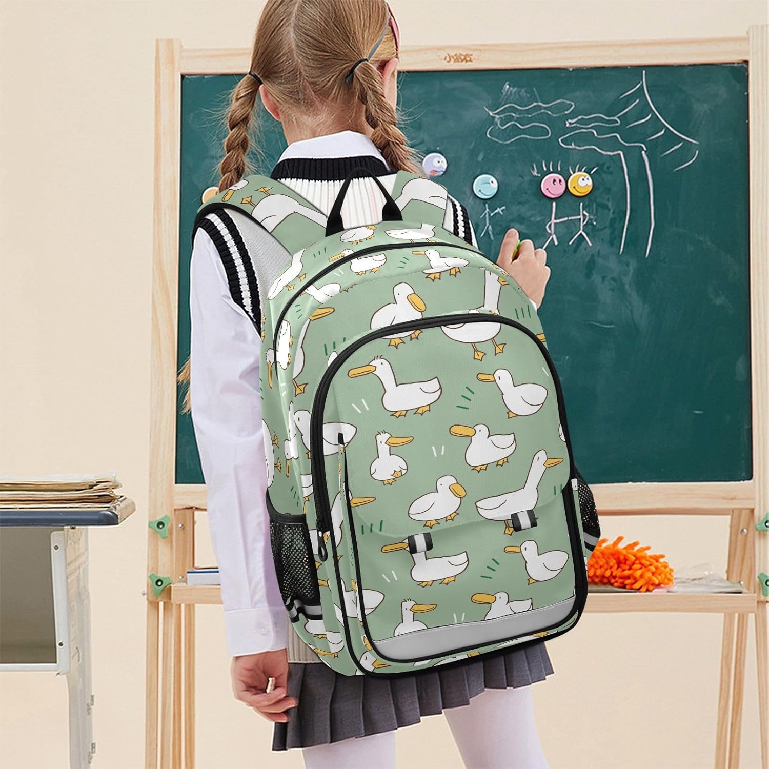 Cartoon Duck Pattern Green Backpack Girls Boys Elementary School Bags Bookbags Laptop Backpack Travel Daypack Safe Reflective Stripes - Image 7