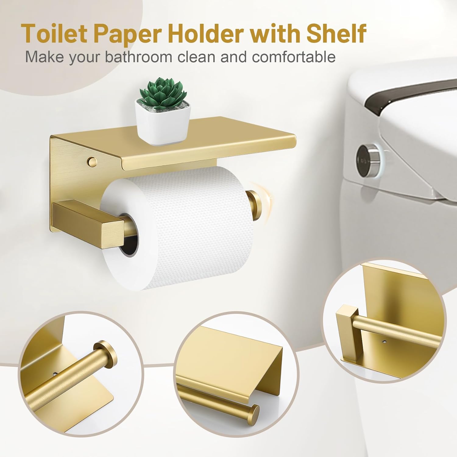 5-Piece Bathroom Hardware Set Brushed Gold Bathroom Hardware Accessories Set Upgraded Toilet Paper Holder with Shelf Towel Holder Set for Bathroom Stainless Steel Wall Mounted