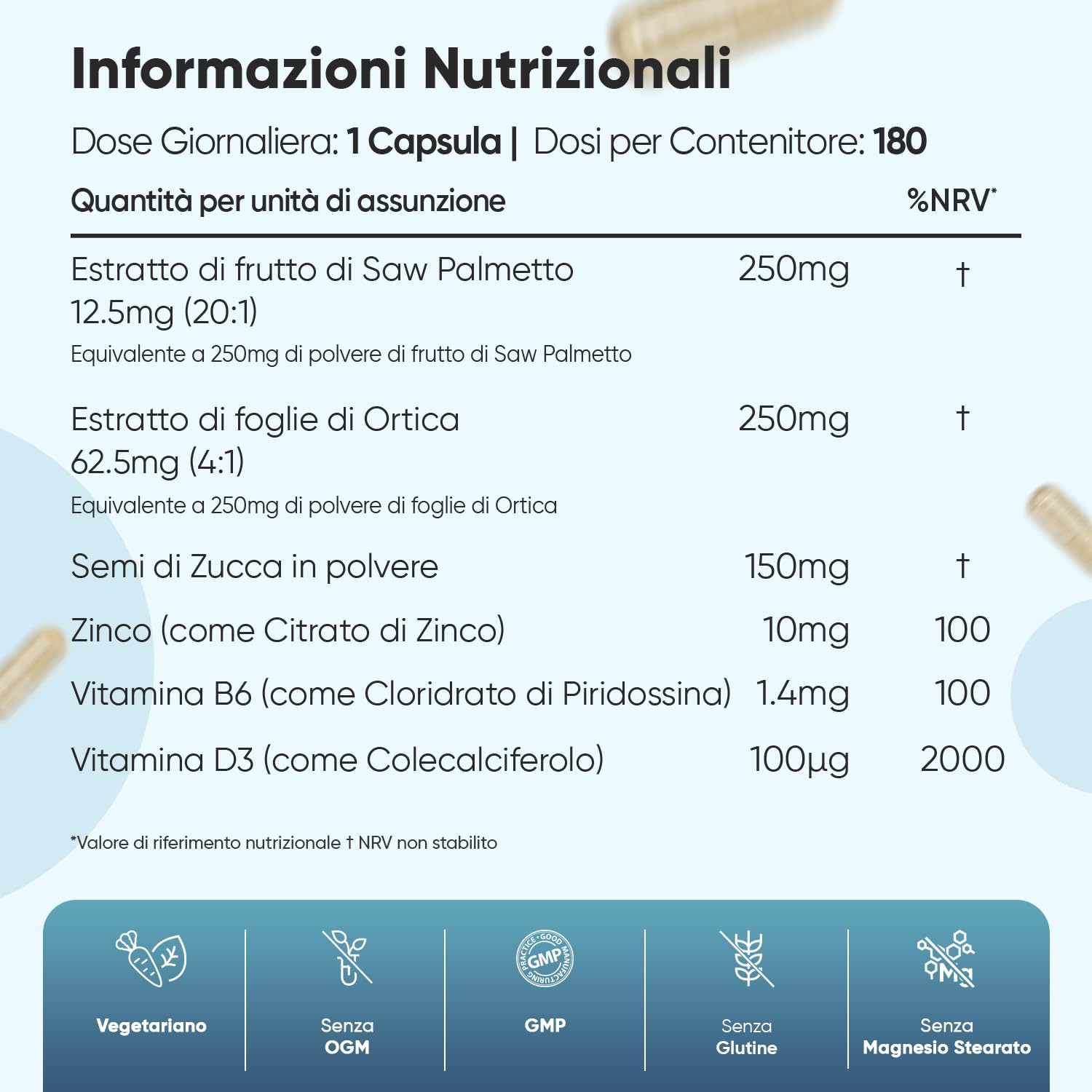 Serenoa Repens in 180 Capsule Vegetariane, 1 Capsula al Giorno (6 Mesi), Estratto 20:1 di Saw Palmetto, Semi di Zucca, Ortica Foglie, Zinco, Vitamina D3, B6, Integratore Uomo Senza Magnesio Stearato