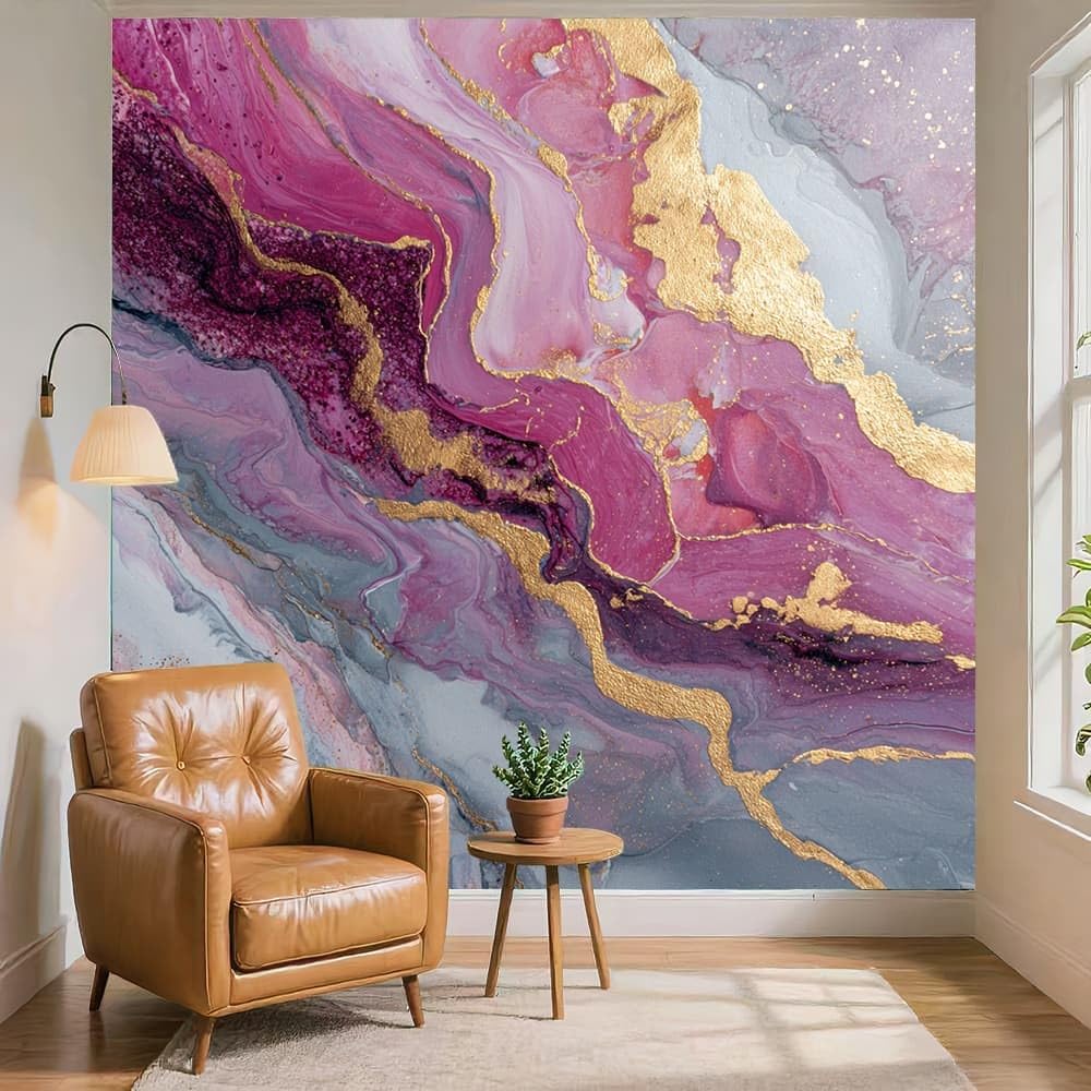Tapeta z efektem panoramicznym 3D fototapeta 250 x 175 cm, plakat z włókniny olbrzymie złote linie płyn mural salon pokój dziecięcy restauracja dekoracja ścienna, różowy fioletowy