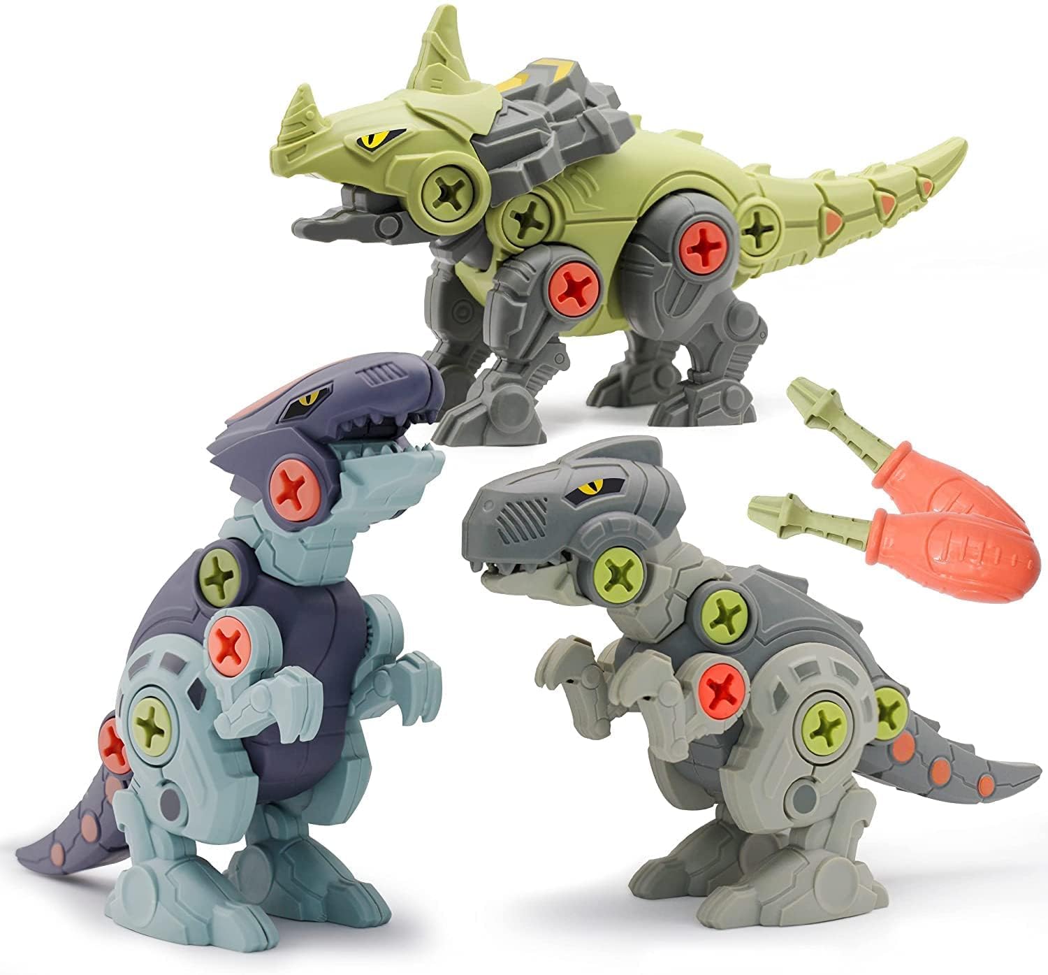 SKUVIZ Branded Take Apart Dinosaur Toys, Pack of 4 Dinosaurs with Screwdrivers, Dino Kids Building Learning Toys, STEM Toy for Boys and Girls, 3 4 5 6 7 8 Year (New 3 Dinosaurs with 2 Screw Driver)