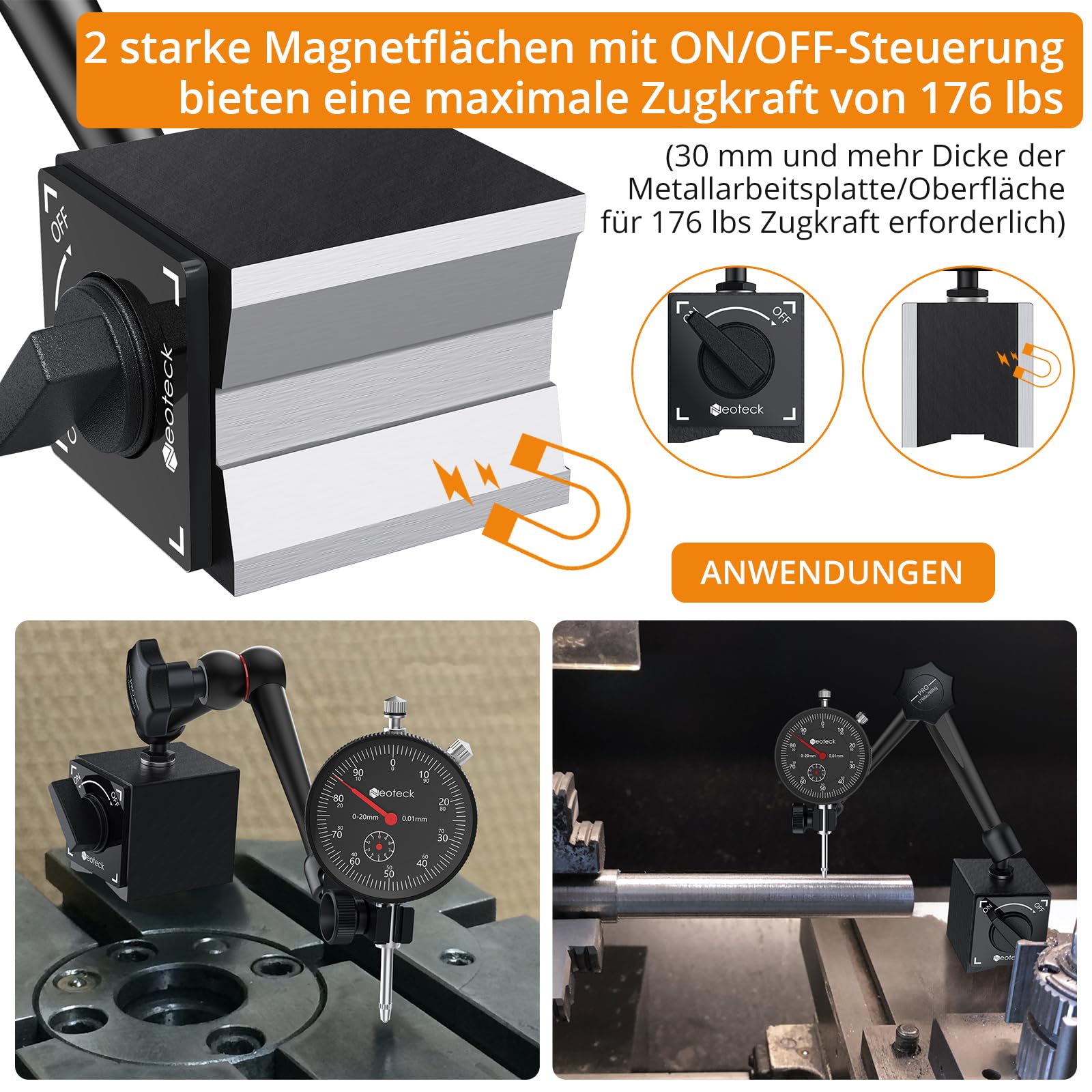 Neoteck Messuhr und Magnetstativ, Messtaster 0-20mm, Zentralklemmung Messuhrhalte für herkömmliche Messuhr - Schwarz