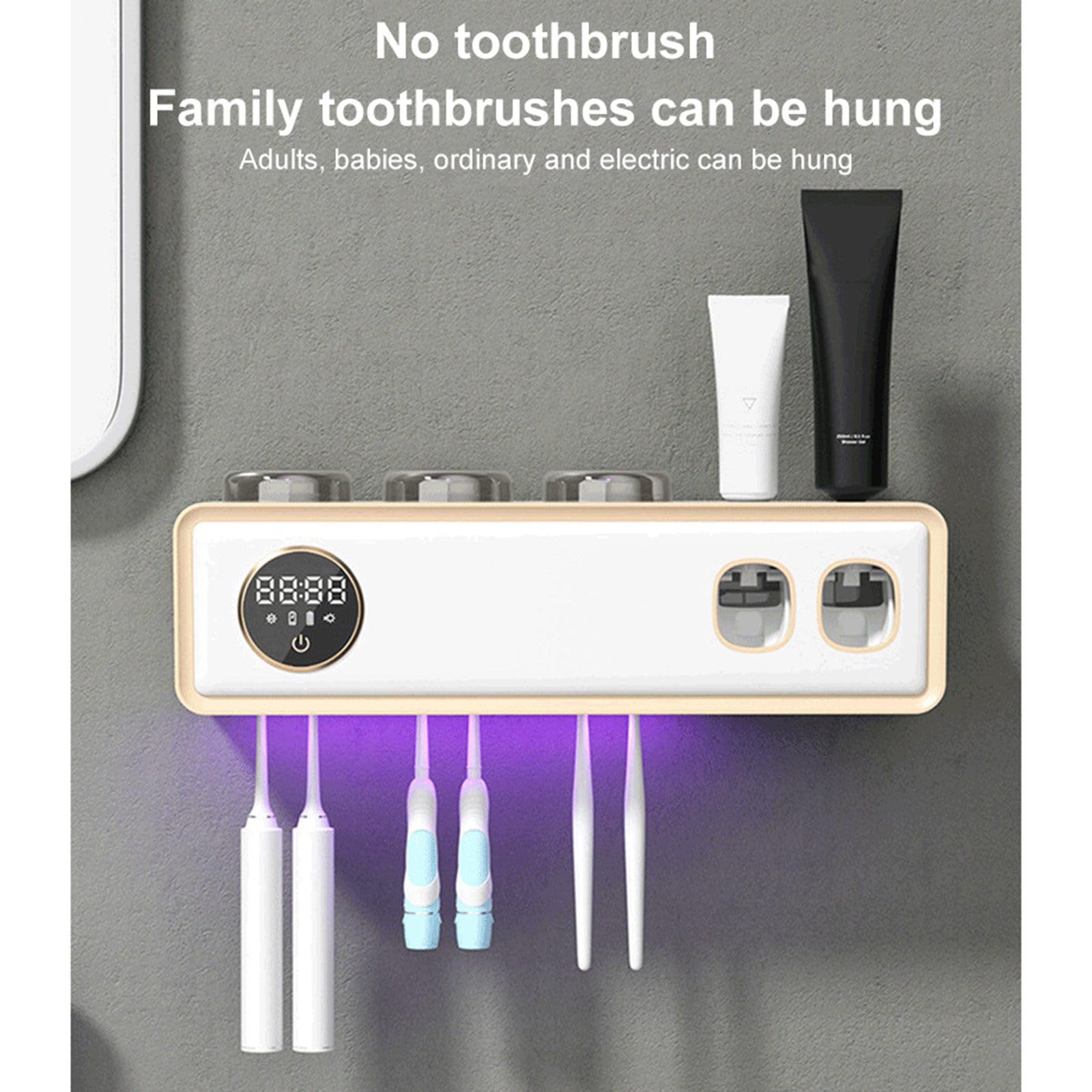 Esterilizador inteligente Uv, organizador sin perforaciones, Set de accesorios de baño, soporte para cepillos de dientes, soporte para cepillos de dientes Uv, sin perforaciones inteligentes,White