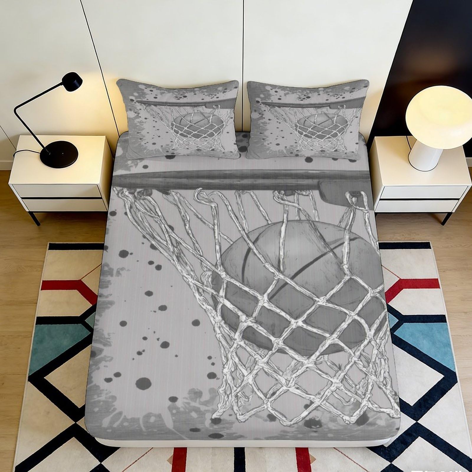 3D Printed Basketball Hoop Fitted Sheet Microfiber Soft Breathable Sports Net Bed Cover for Bedroom Dormitory Guest Room Mattress Protection Decor 180x200x25cm