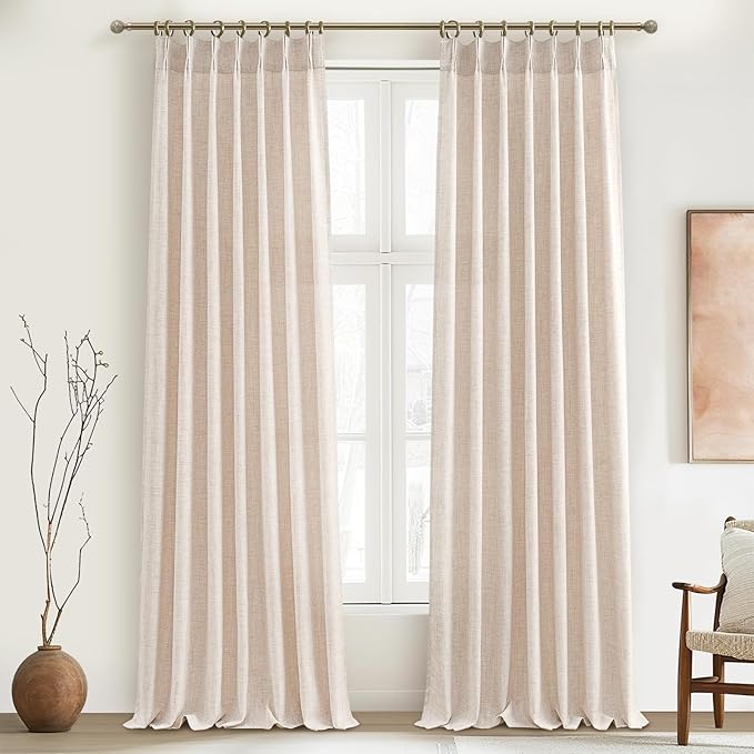 Semi Sheer Curtains 90 Inches Long for Bedroom Light Filtering Beige Birch Textured Linen Blend Pleat Curtains 7-1/2 ft Length Hooks Rings&Back Tab for Sliding Glass Doors 2 Panels Set
