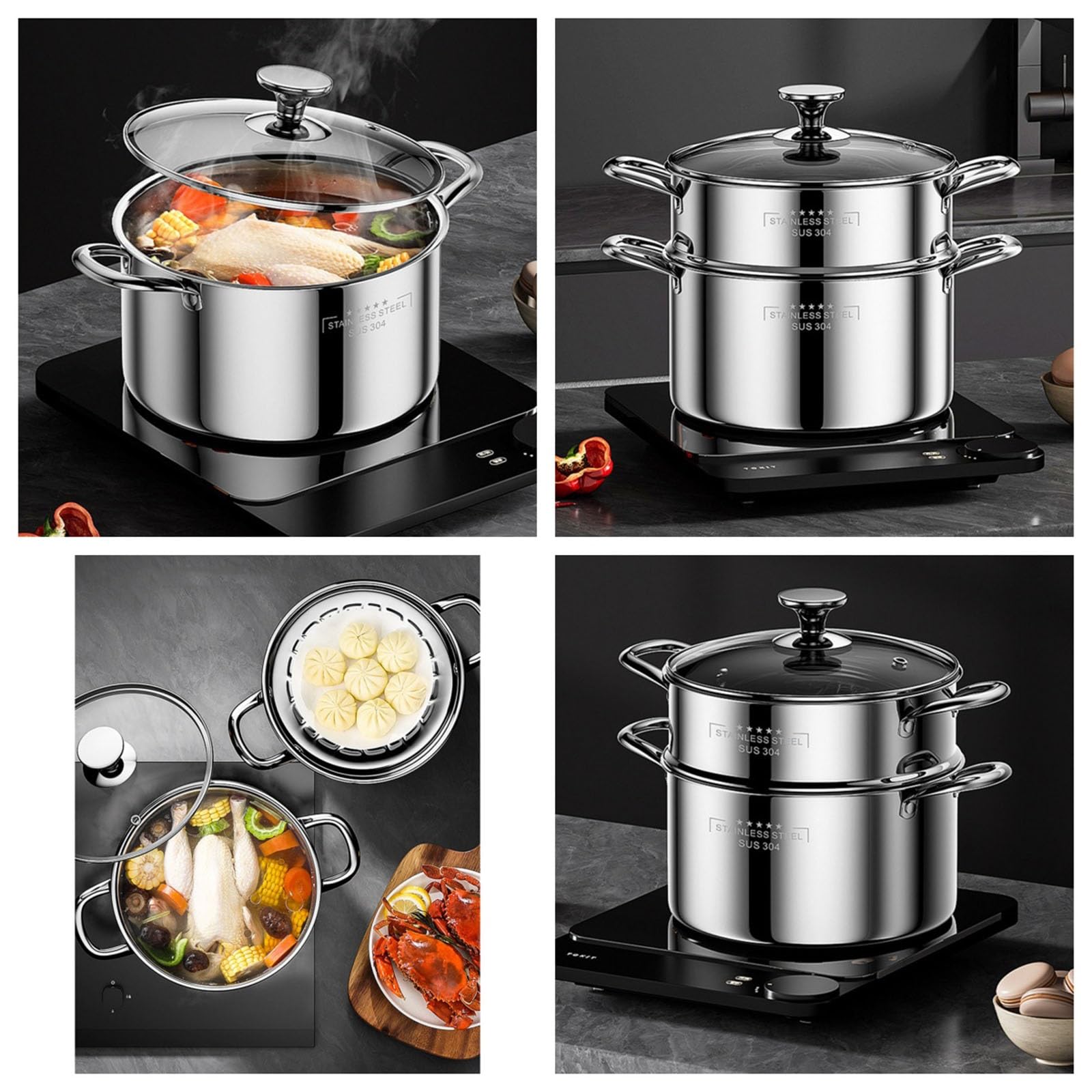 2-stöckiger Dampfgartopf aus Edelstahl mit Glasdeckel | Großer Suppentopf, kompatibel mit Induktion und Gas, for Kochen mit der Familie(22cm)