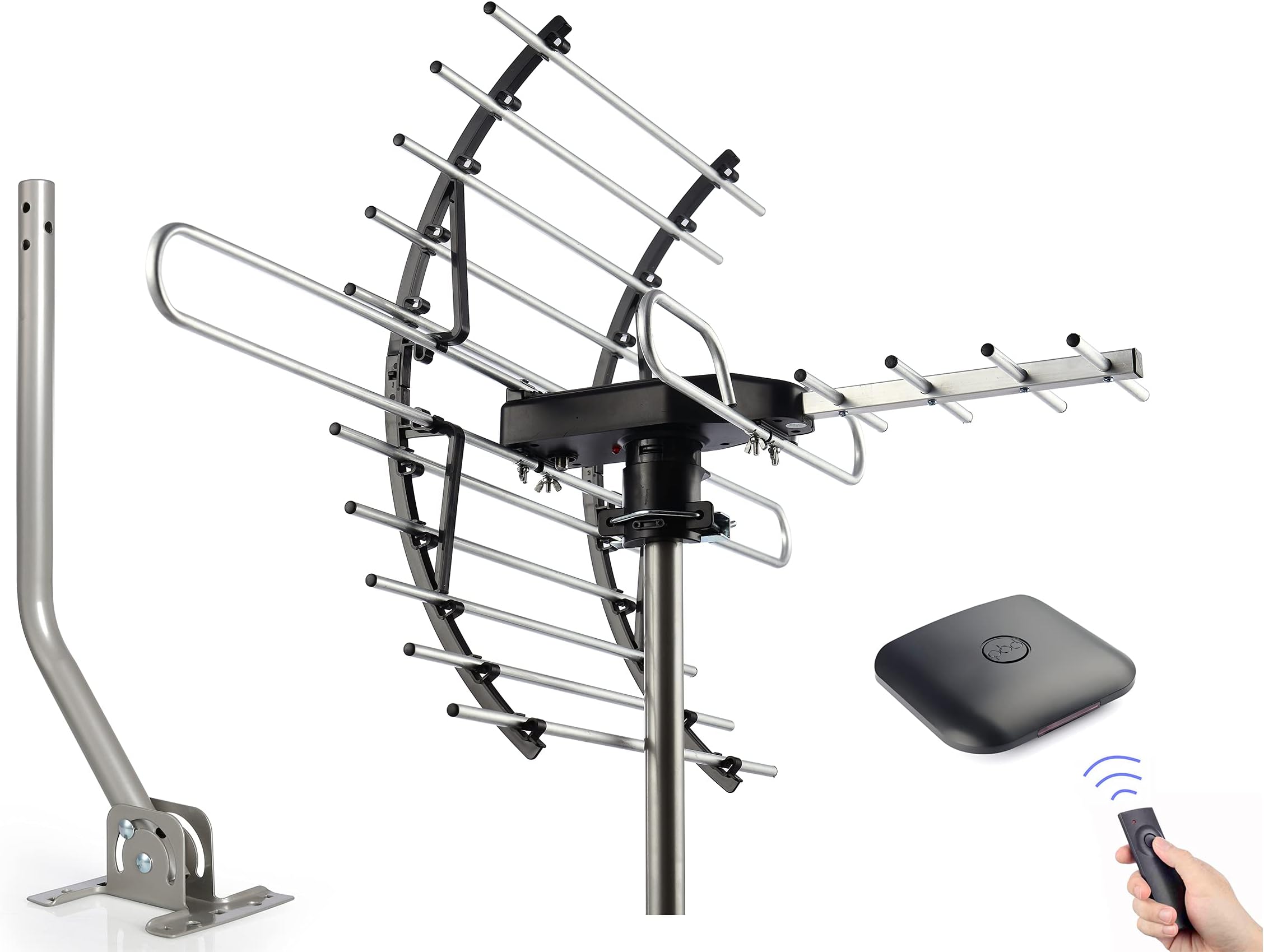 BIDI Digital HD TV Antenna, Amplified Attic/Outdoor Antenna, 360 Degree Rotation Wireless Remote, 4K 1080P VHF UHF, Mounting Pole Included, 200 Miles Range
