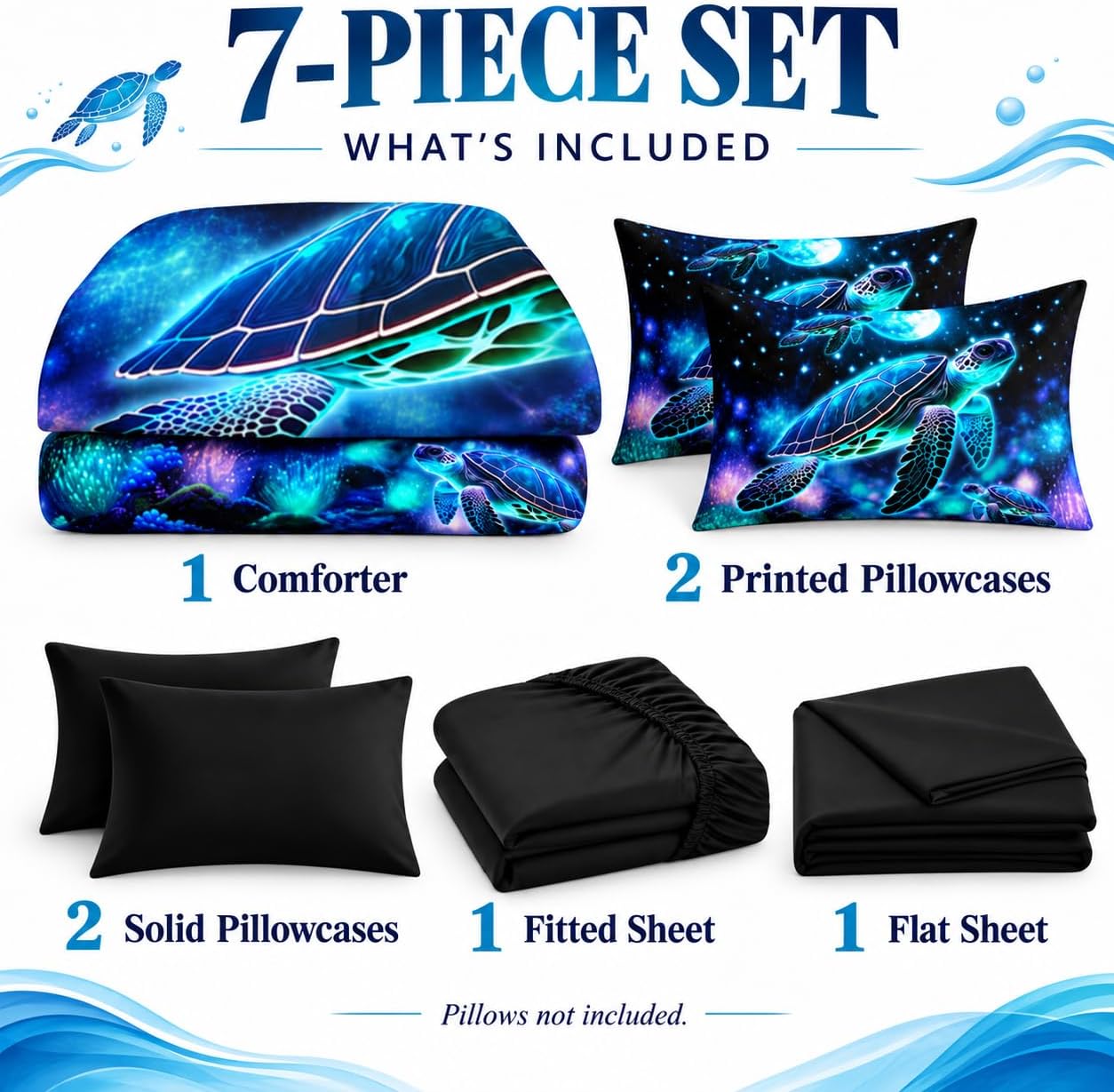 AILONEN Blue Turtle Comforter Set Twin Size,7-Piece Soft Bed in a Bag,Fairy Ocean Sea Turtle Comforter & Fitted Sheet with Flat Sheet & 2 Pillowcases,2 Pillow Shams for Bedroom image 3