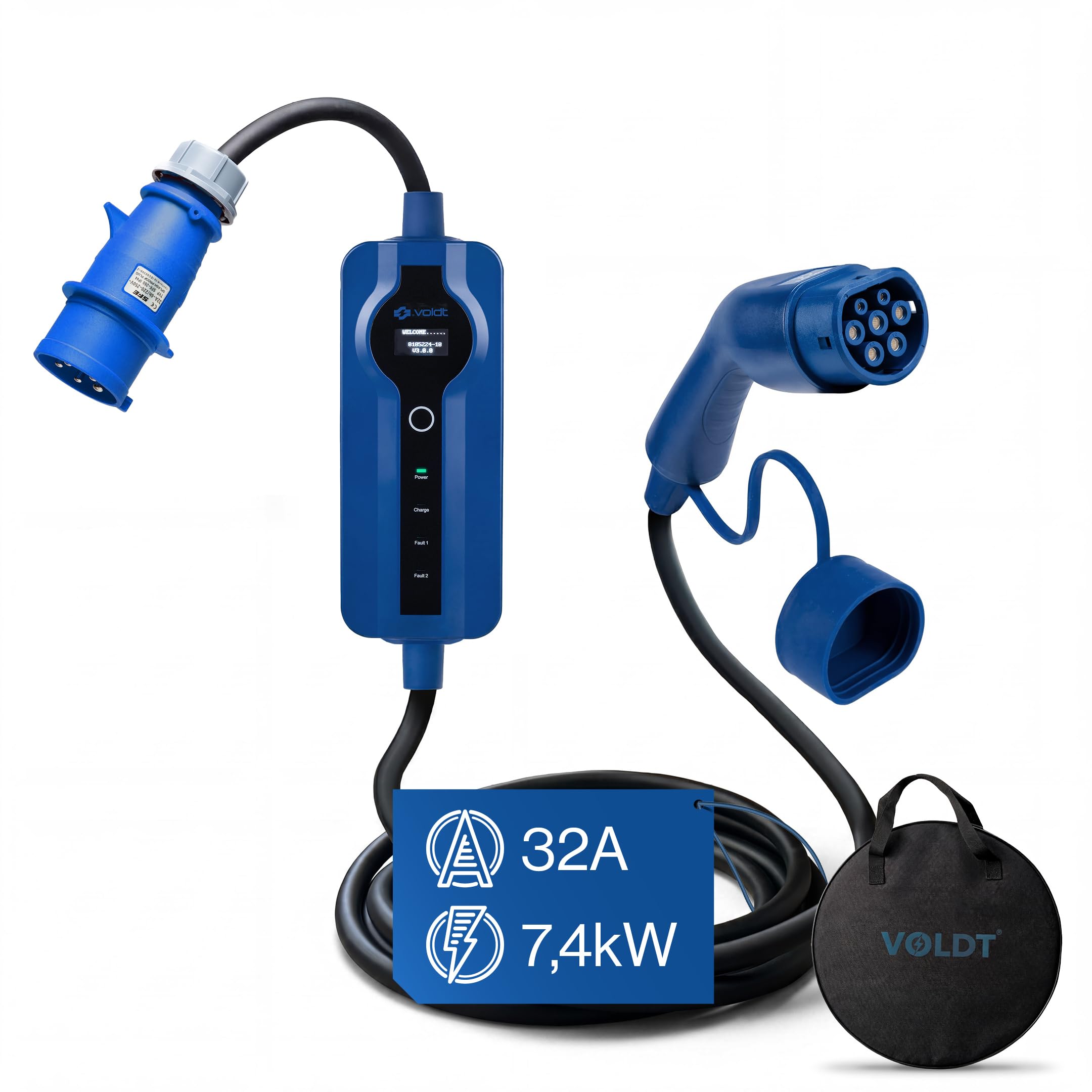 Voldt Câble de Recharge Type 2 – Prise CEE Bleue 32 A | monophasé | réglable 8 A – 32 A | 7,4 KW (10m)