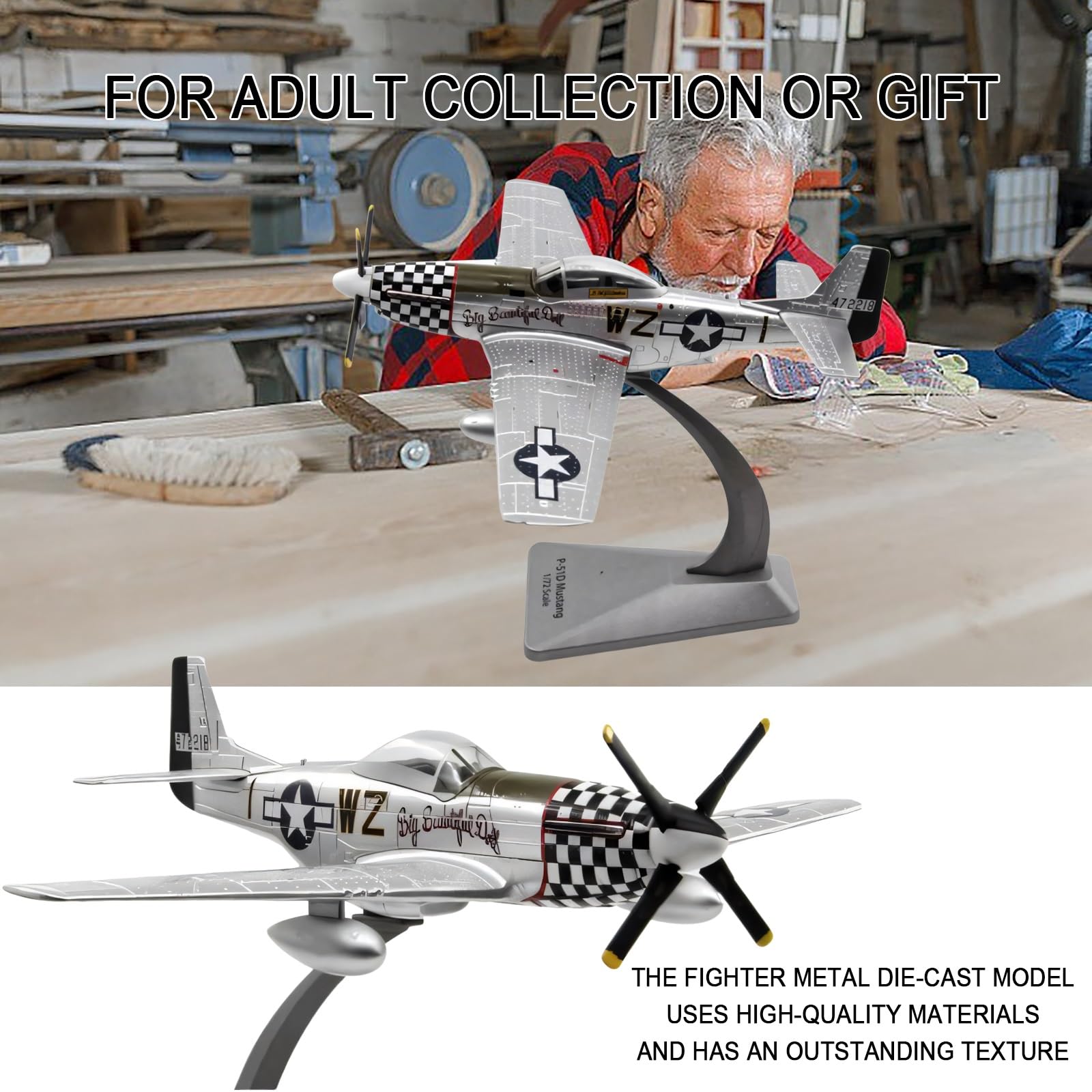 P-51D Fighter Aircraft Scale Model 1/72 Scale Metal Die-Cast Display w/Stand Collector-Grade Detailing for Adult Aviation Enthusiasts Military History Buffs Perfect Display Piece Home