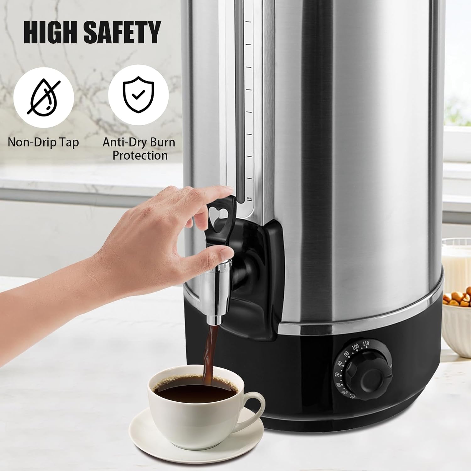 20L Commercial Grade Coffee Urn, 125-Cup Stainless Steel Electric Coffee Maker Hot Water Urn with Spigot, Warm Function, Temperature Control, Anti-slip Base