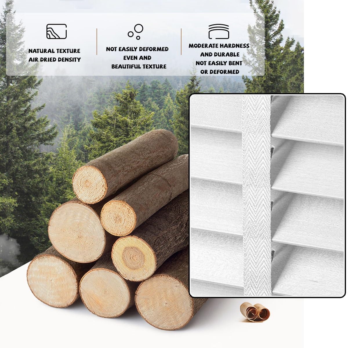 Holzjalousien für Innenfenster, Verdunkelungsrollos 95cm, 120cm, 125cm, 180cm, 185cm, 245cm, Lichtfilternde Fensterjalousien für Zuhause, Schlafzimmer, Badezimmer(Weiß)