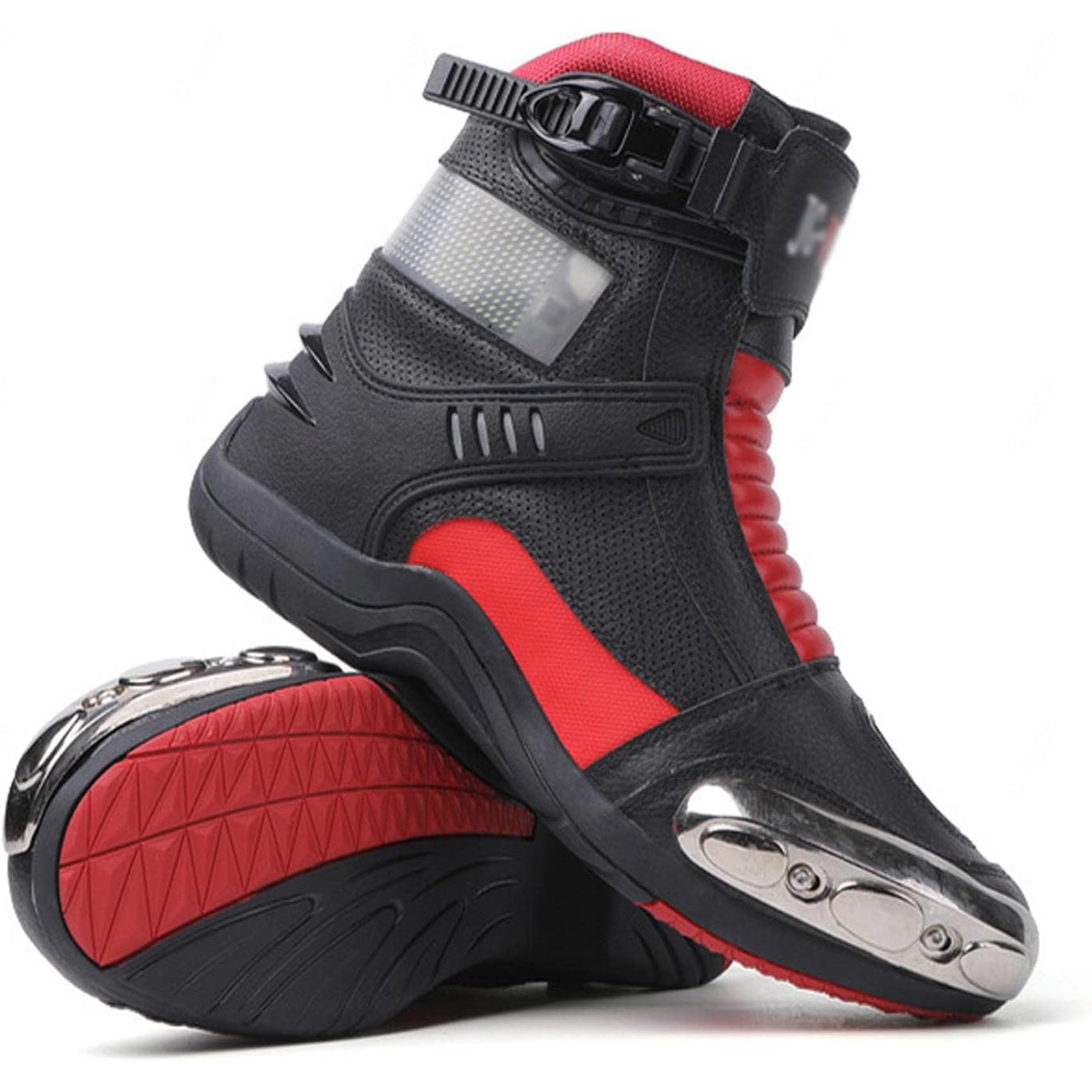 DJFOG Botas de moto de cuero para hombre, zapatos de moto de carreras con pantalla emisora de luz Led, botas de deportes de competición informales impermeables