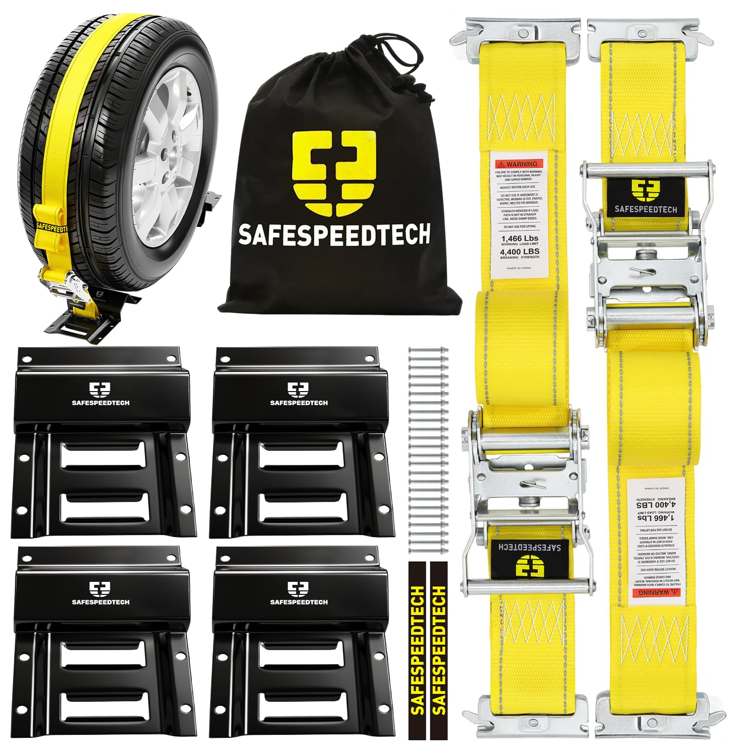 UTV Wheel Chock Tie Down Kit 2pk 2" x8' 4400LBS E Track Tire Ratchet Straps