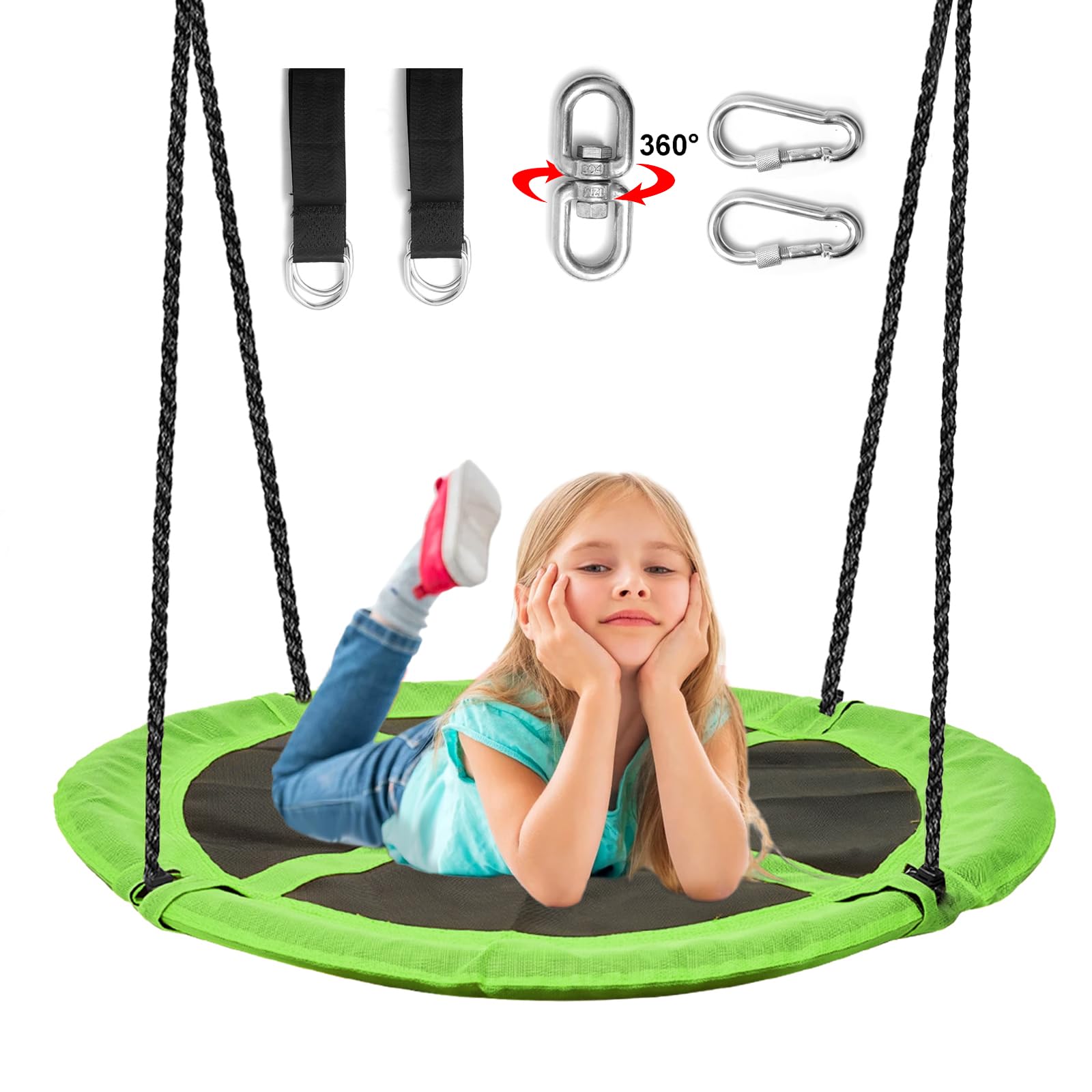 Hishine 40inch Saucer Tree Swing for Kids?Large round flying saucer swing with two Adjustable Hanging Straps?Suitable for outdoor and backyard tree trunks?Green