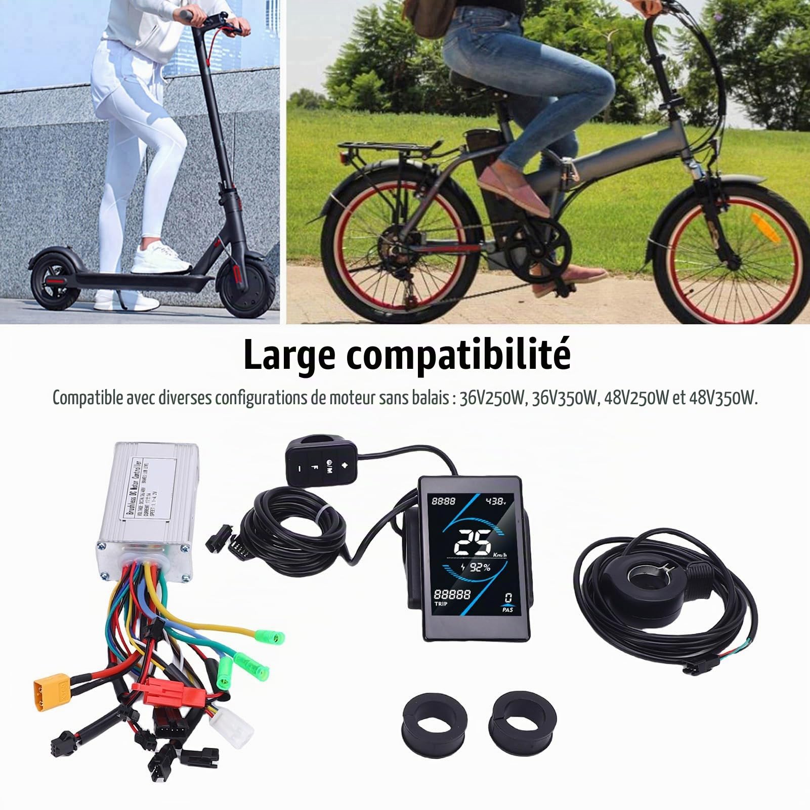 BuyWeek Kit de Contrôleur de Moteur sans Balais pour Vélo Électrique, 36V 48V 250W 350W 17A Contrôleur d'onde Sinusoidale Panneau d'Affichage LCD T5S et Accélérateur 130X, pour Scooter Électrique