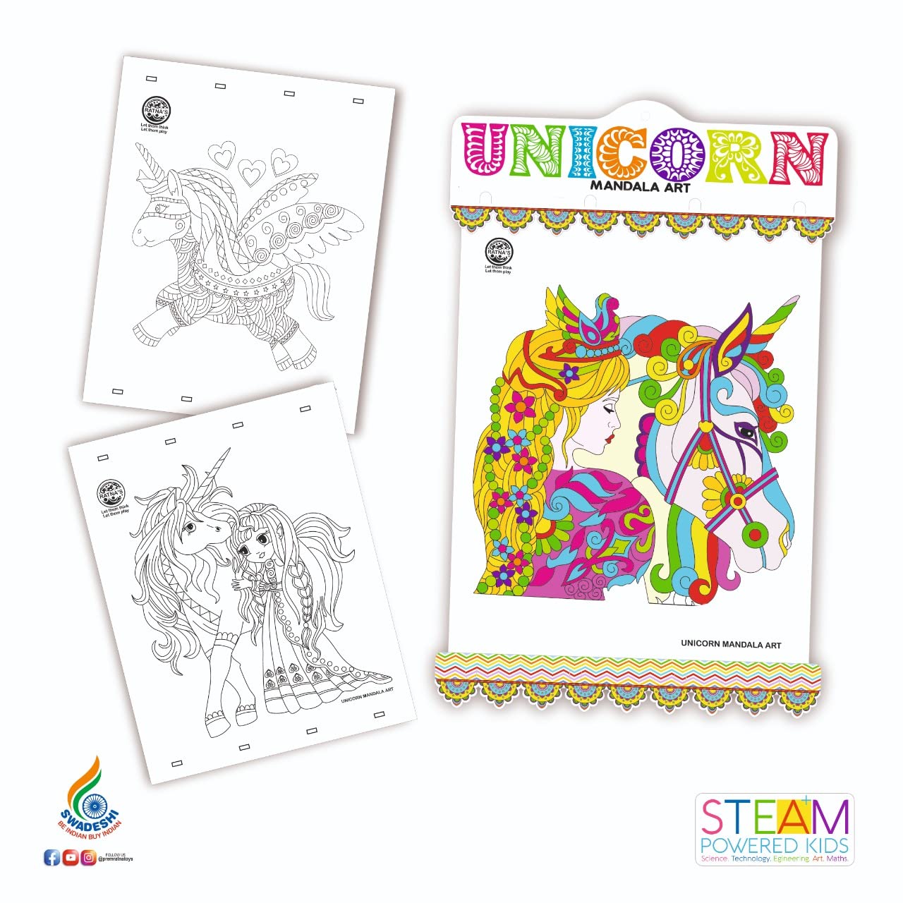 RATNA'S Mandala Art Unicorn Colouring Kit - 20 Sheets with 12 Sketch Pens Inside - Creative Coloring Fun for All Ages 2