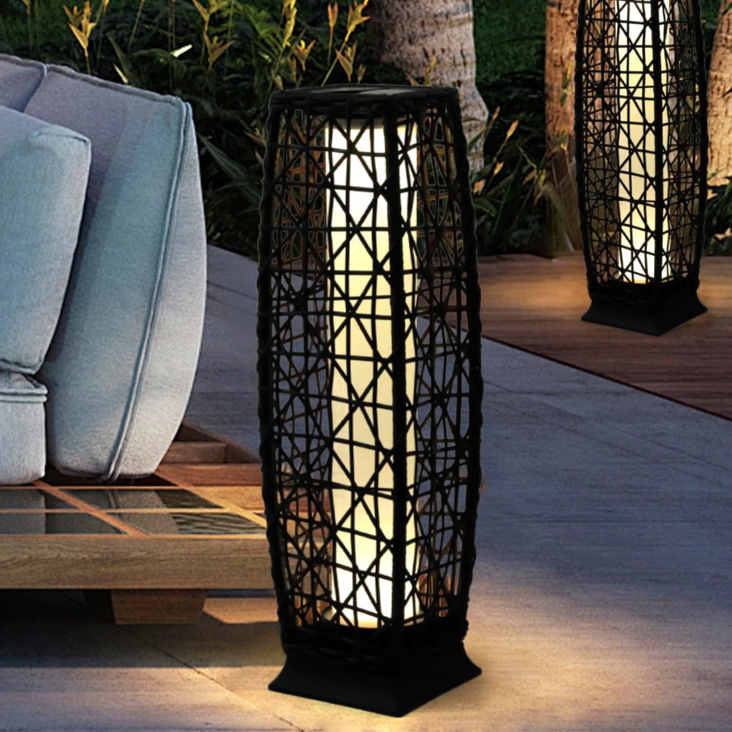 Outdoor Solar Powered Rattan Floor Lamp, 68cm High Outdoor Solar Powered Resin Wicker Deck Light, Waterproof Post Landscape Decoration Lantern for Lawn Patio Pathway Driveway Backyard Garden (QN002)