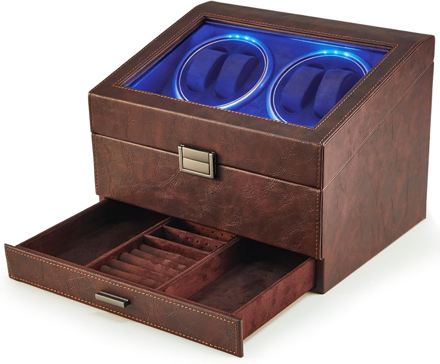 Watch Winders for Automatic Watches with 4+6 Watch Holders and Jewelry Storage, Quiet Moto, LED Light, Rotation Mode Setting Men Gift for Husband Father Boss