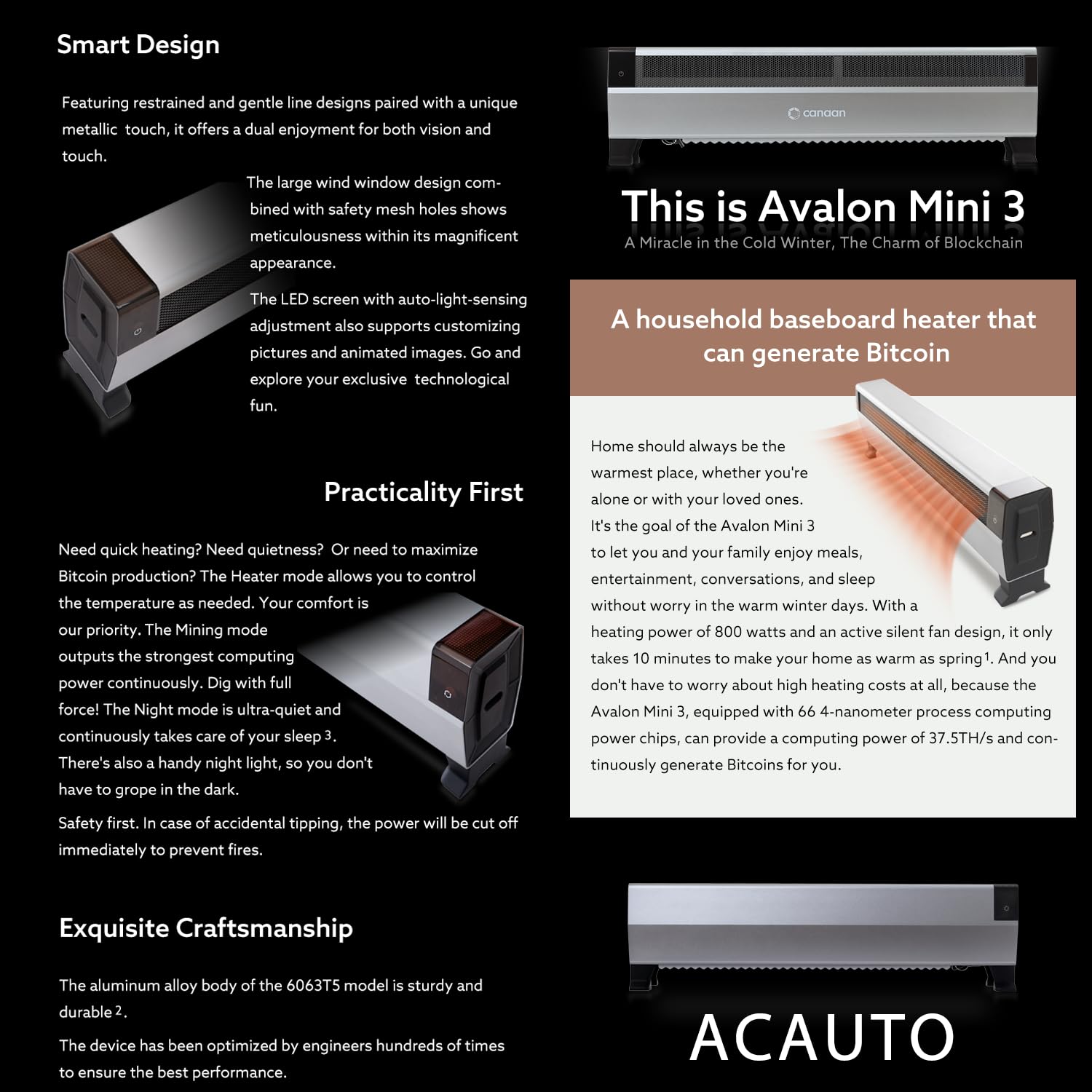 Mineur de chauffage Canaan Avalon Mini 3 BTC – 37,5 TH/s 800 W Bitcoin ASIC  –