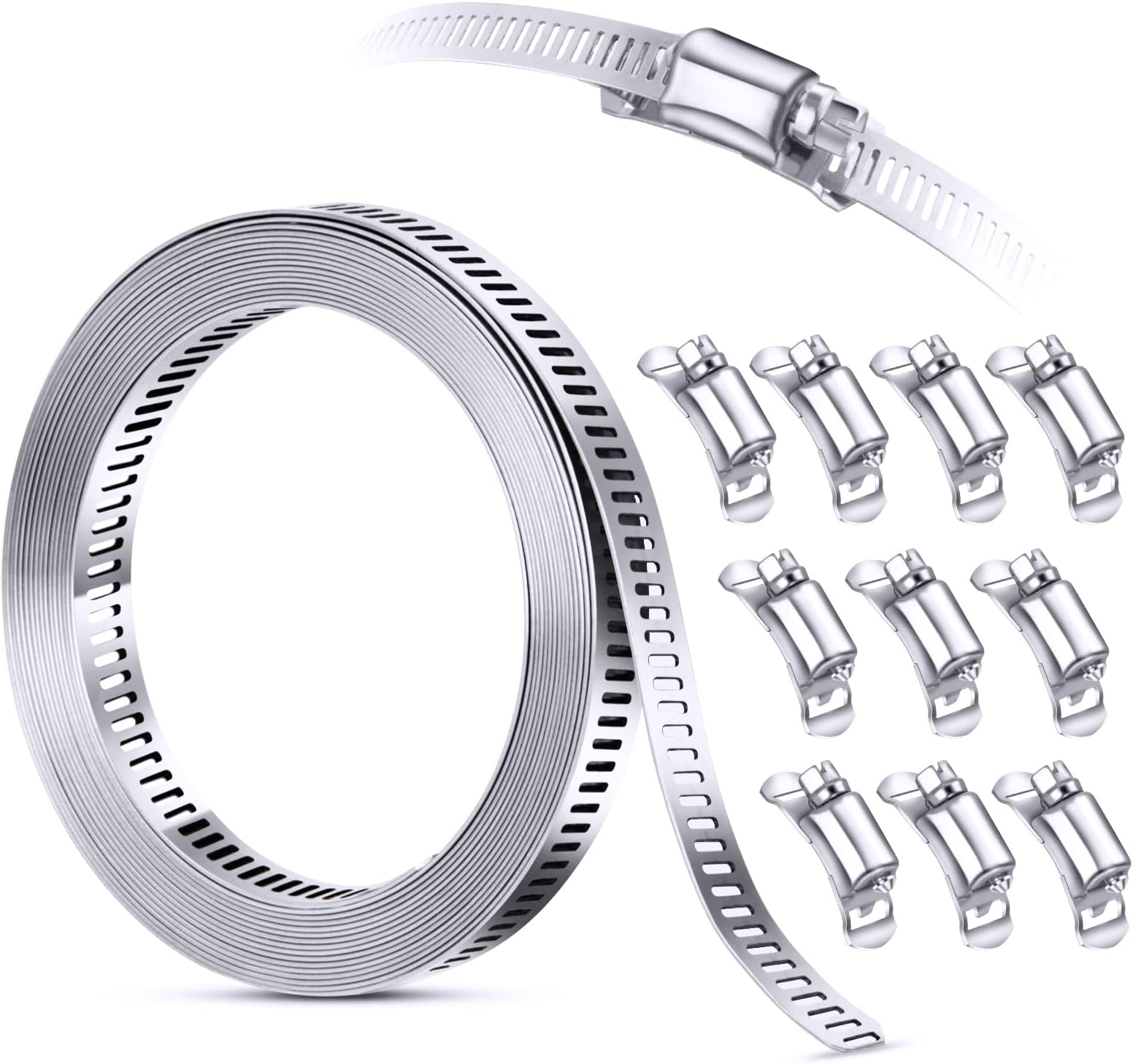 304 Stainless Steel Hose Clamps Assortment Rack, Large Adjustable Worm Drive Hose Clamp Band Duct Pipe Clamp, Metal Strapping, Automotive Muffler Exhaust Wrap,12FT Metal Straps+10 Fasteners