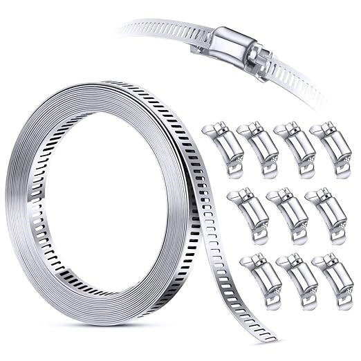 304 Stainless Steel Hose Clamps Assortment Rack, Large Adjustable Worm Drive Hose Clamp Band Duct Pipe Clamp, Metal Strapping, Automotive Muffler Exhaust Wrap,12FT Metal Straps+10 Fasteners