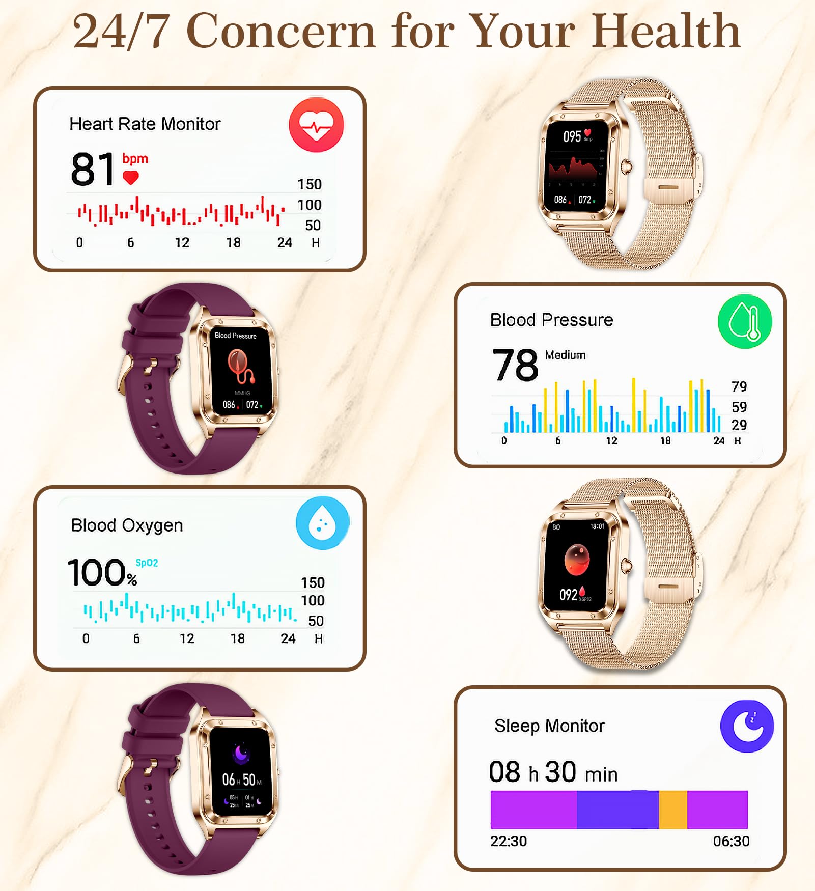 Smartwatch Damen Bluetooth 1,6 Zoll Fitness Tracker Herzfrequenz SpO2 Schlafmonitor 19 Sport Schrittzähler Kompatibel Android iOS
