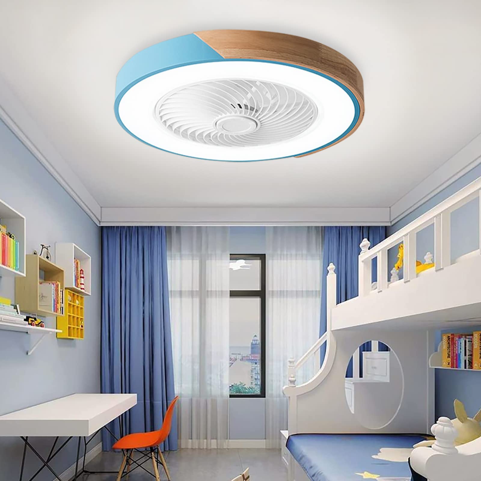 YFouCnd I Modern Silent Ceiling Fan with Light, Remote Control, 6 Speeds, Dimmable, Blue, 20.5" x 20.5" x 8.7", Bedroom, Kids Room, Kitchen