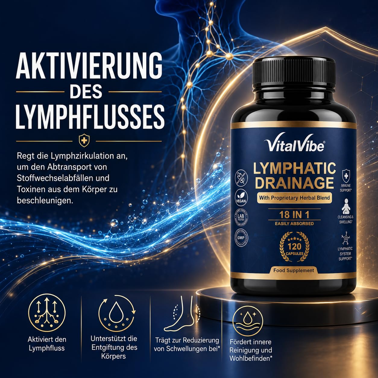 Lymphdrainage Kapseln - 18 in 1 Komplex mit Löwenzahn, Klettenwurzel & Bromelain - Lymphatisches System & Immunsystem Support - 120 Vegane Kapseln mit Vitamin C, D3, Zink & Selen