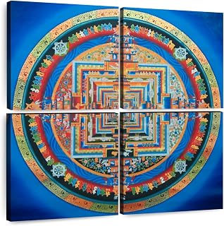 ElephantStock - Tibetan Sand Wall Art - Square Multi Panel Canvas - 4 Piece Living Room Wall Decor - Painting Religion And Spirituality Multi Piece Wall Art - Blue And Brown Decor - 74" x 74"