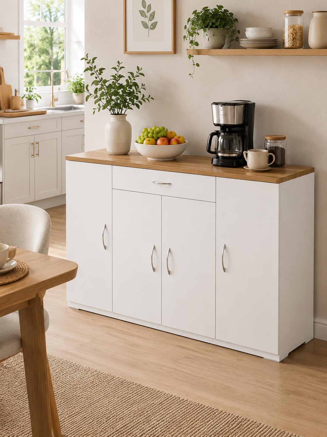 Credenza Sala da Pranzo Bianca con 4 Ante e 1 Cassetto 110×30×70cm | Credenza con 4 ante e 1 cassetto, spazio pratico per organizzare stoviglie, posate e accessori nella sala da pranzo