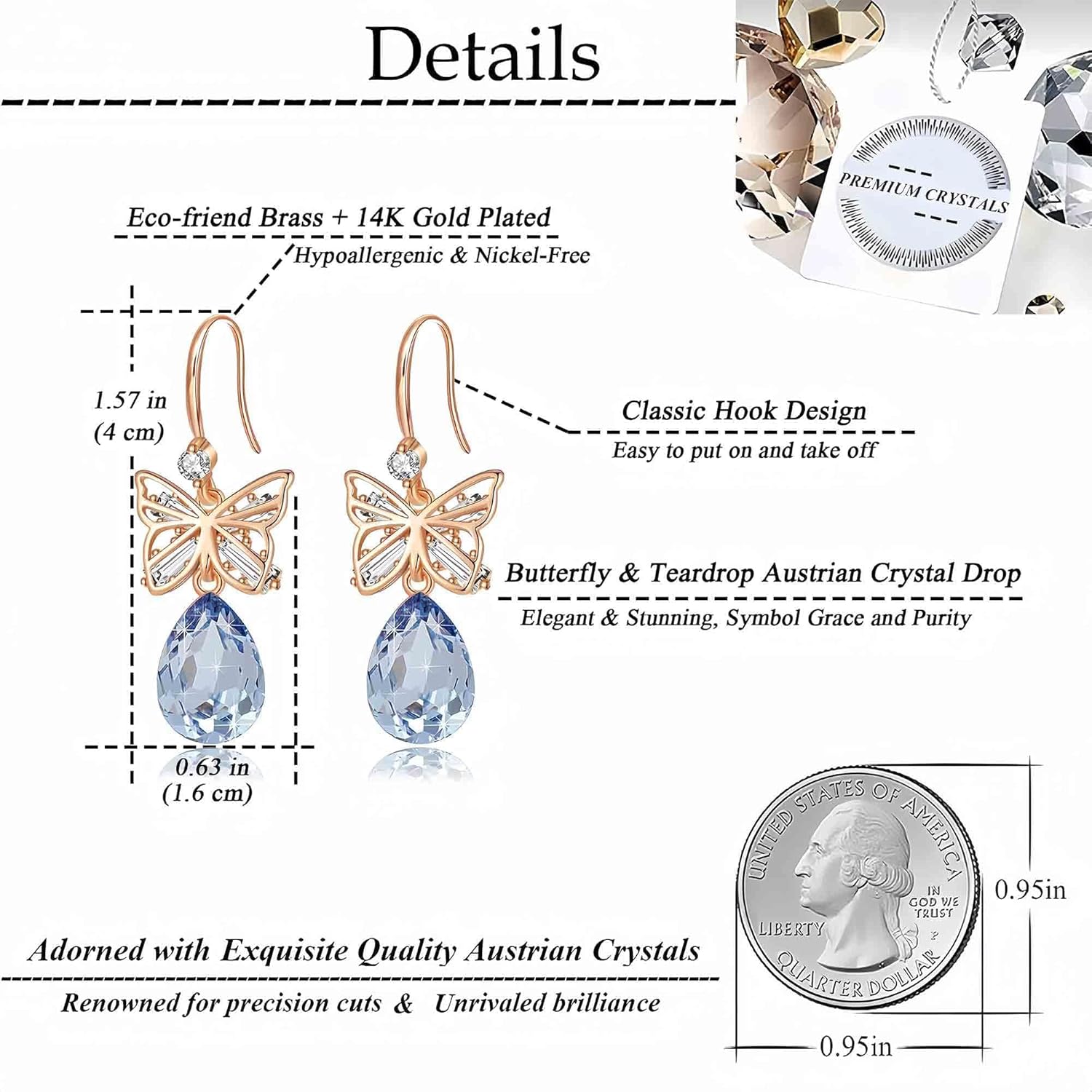 Austrian Crystal Teardrop Butterfly Drop Dangle Earrings for Women 14K Rose Gold Plated Hypoallergenic Jewelry