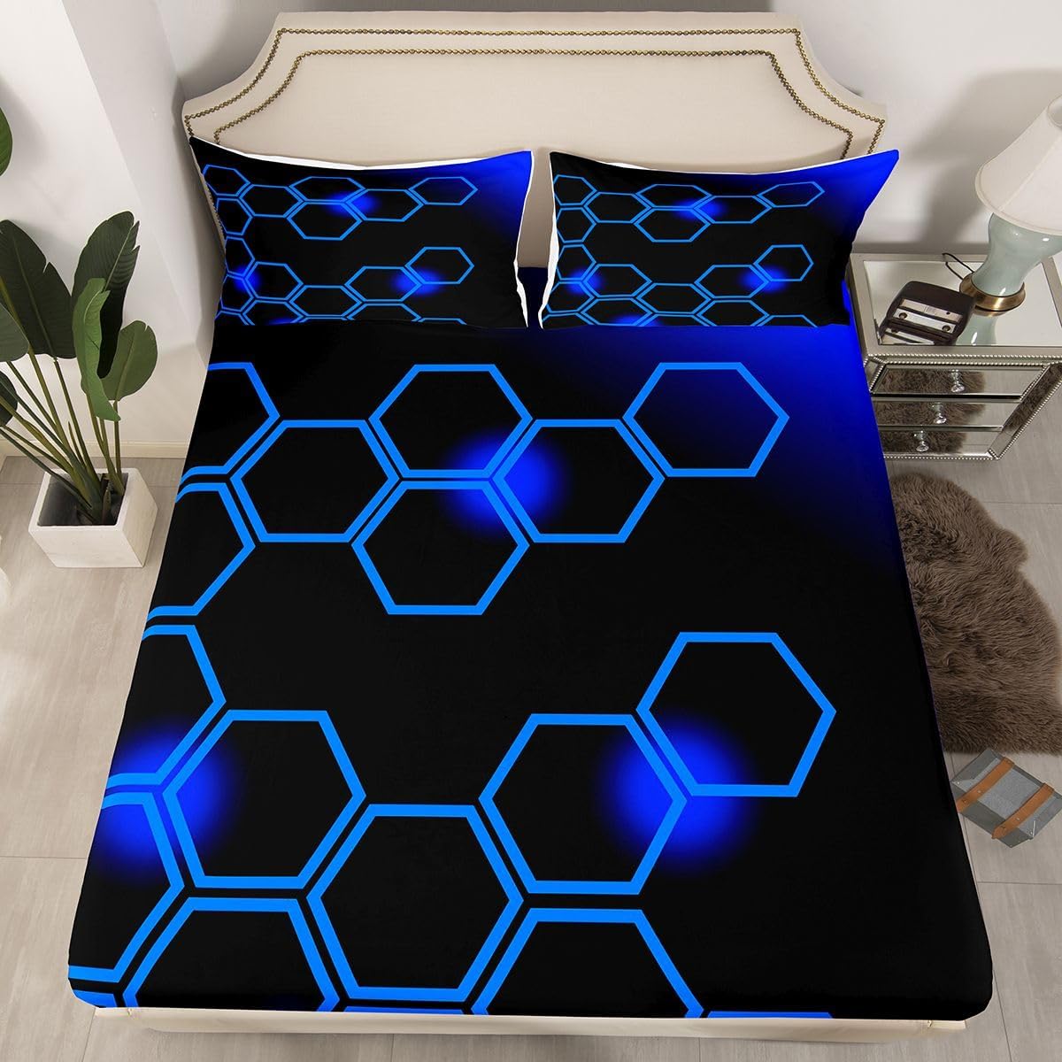 Feelyou Blue and Black Bed Sheets Set Full Size Honeycomb Geometrical Sheets with Deep Pocket Fitted Sheet Beehive Pattern Blue Bedding Set Bedroom